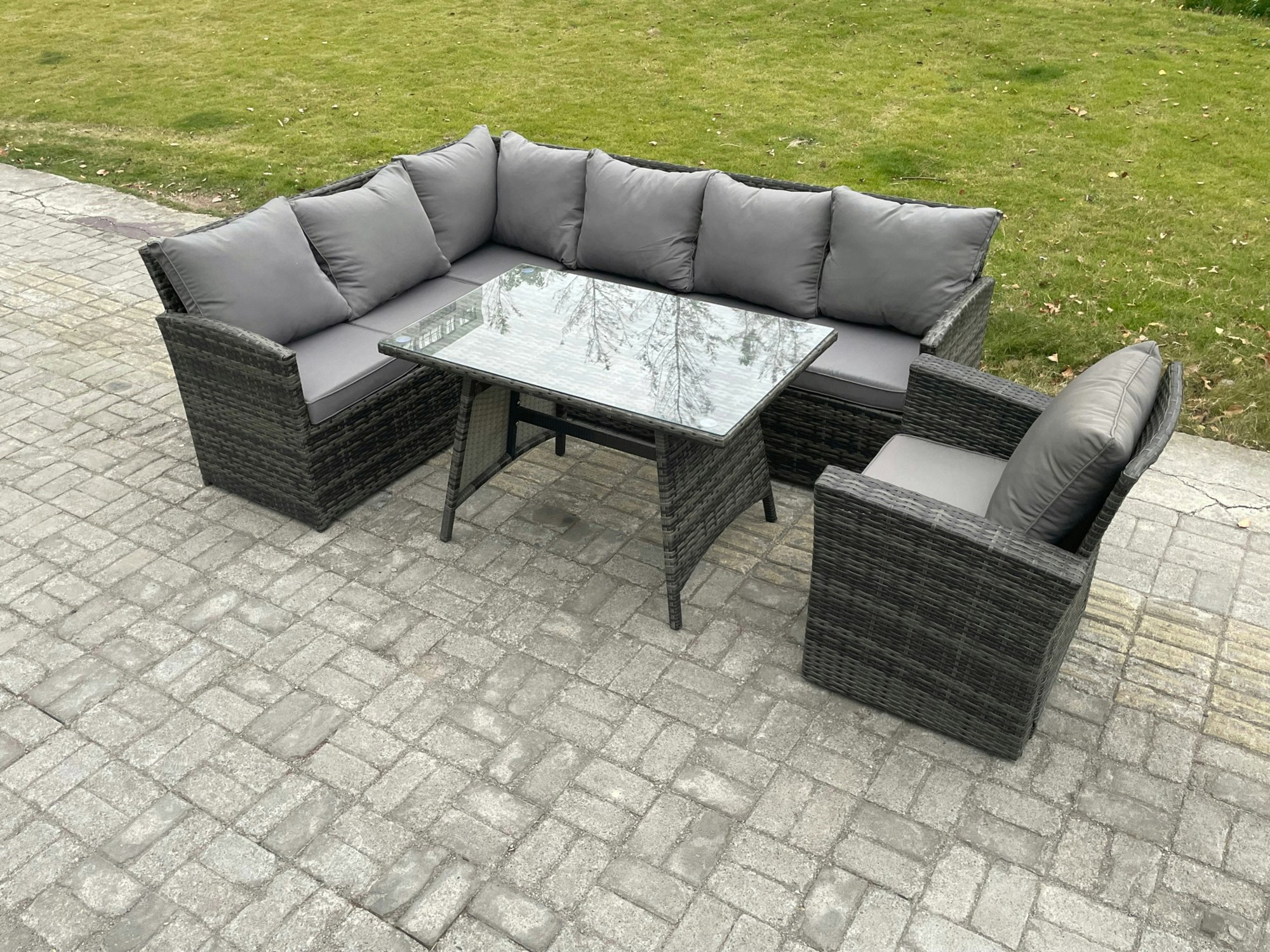 Fimous Dark/Grey Wicker Rattan Garden Furniture Corner Sofa Set With Oblong Dining Table Armchair 7 Seater Outdoor Rattan Set Mixed