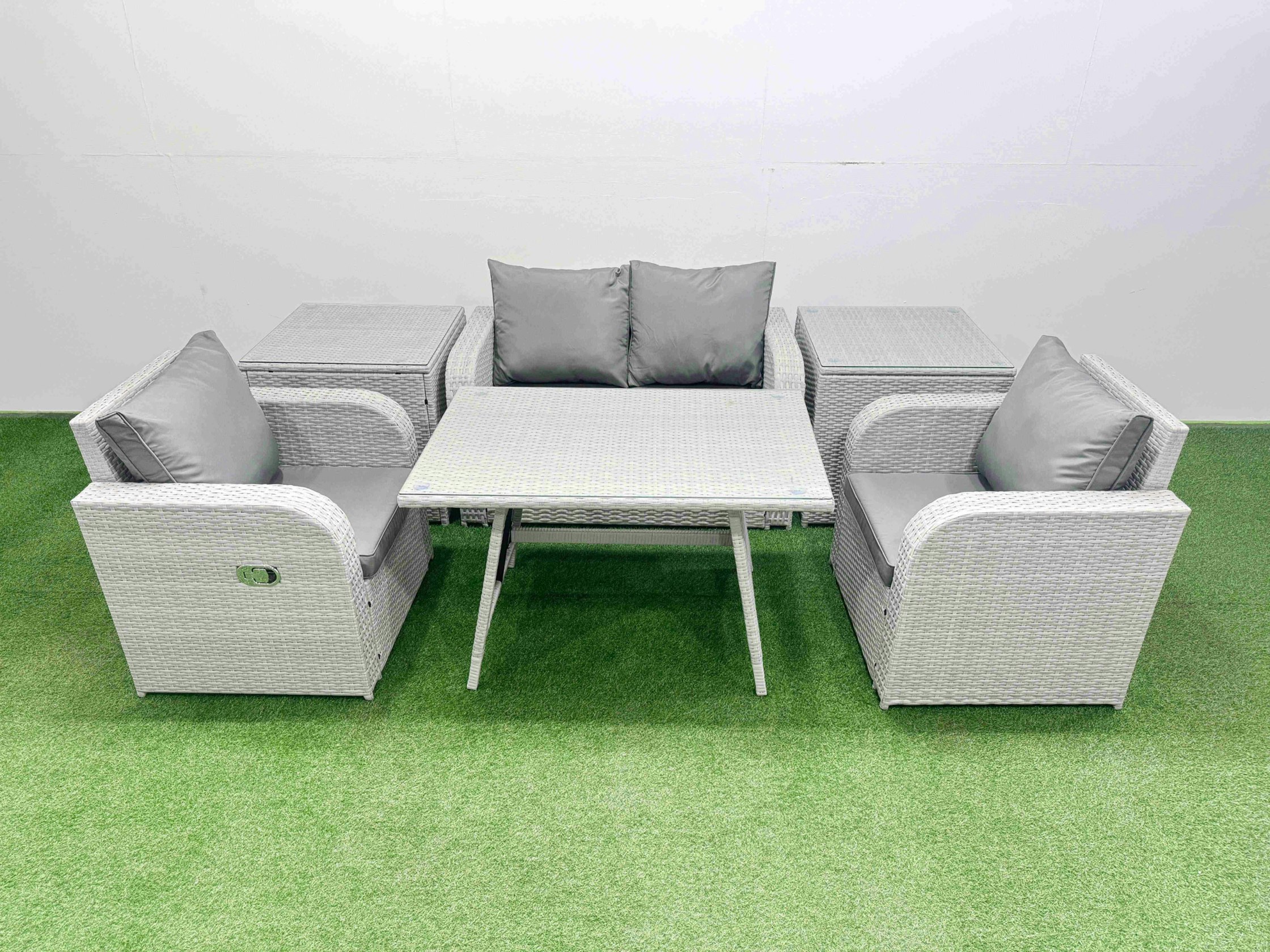 Rackhams Light/Grey Pe Wicker Rattan Garden Furniture Set Sofa Set Reclining Chair Love Sofa Rectangular Dining Table 2 Side Tables