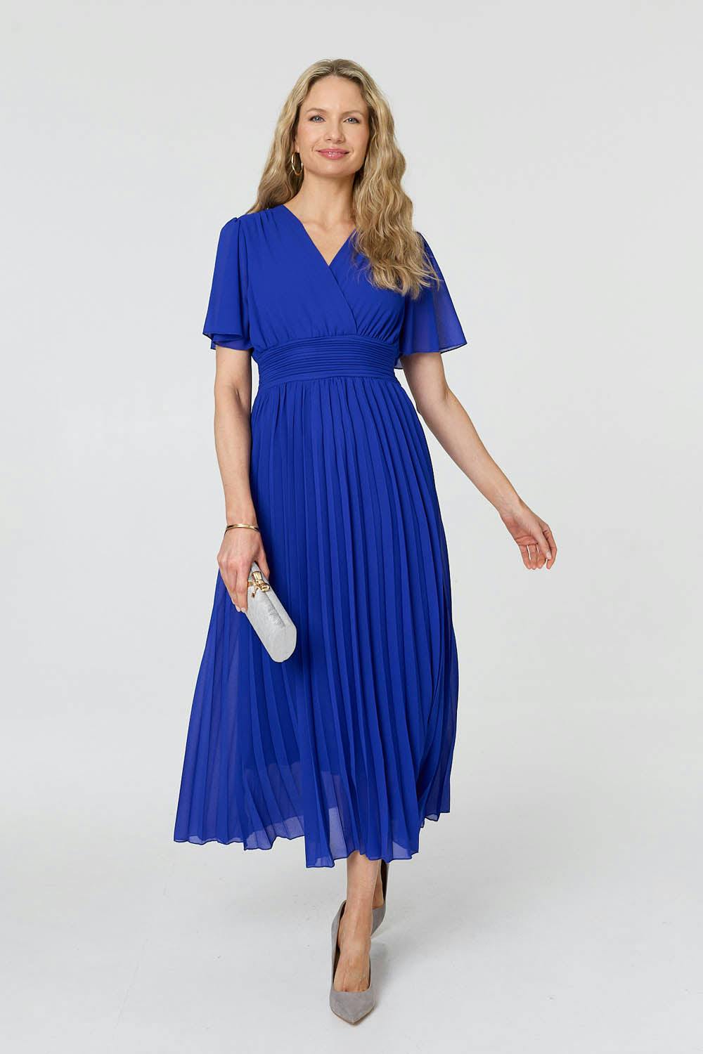 Izabel London Blue Pleated Semi Sheer Layered Maxi Dress - 18