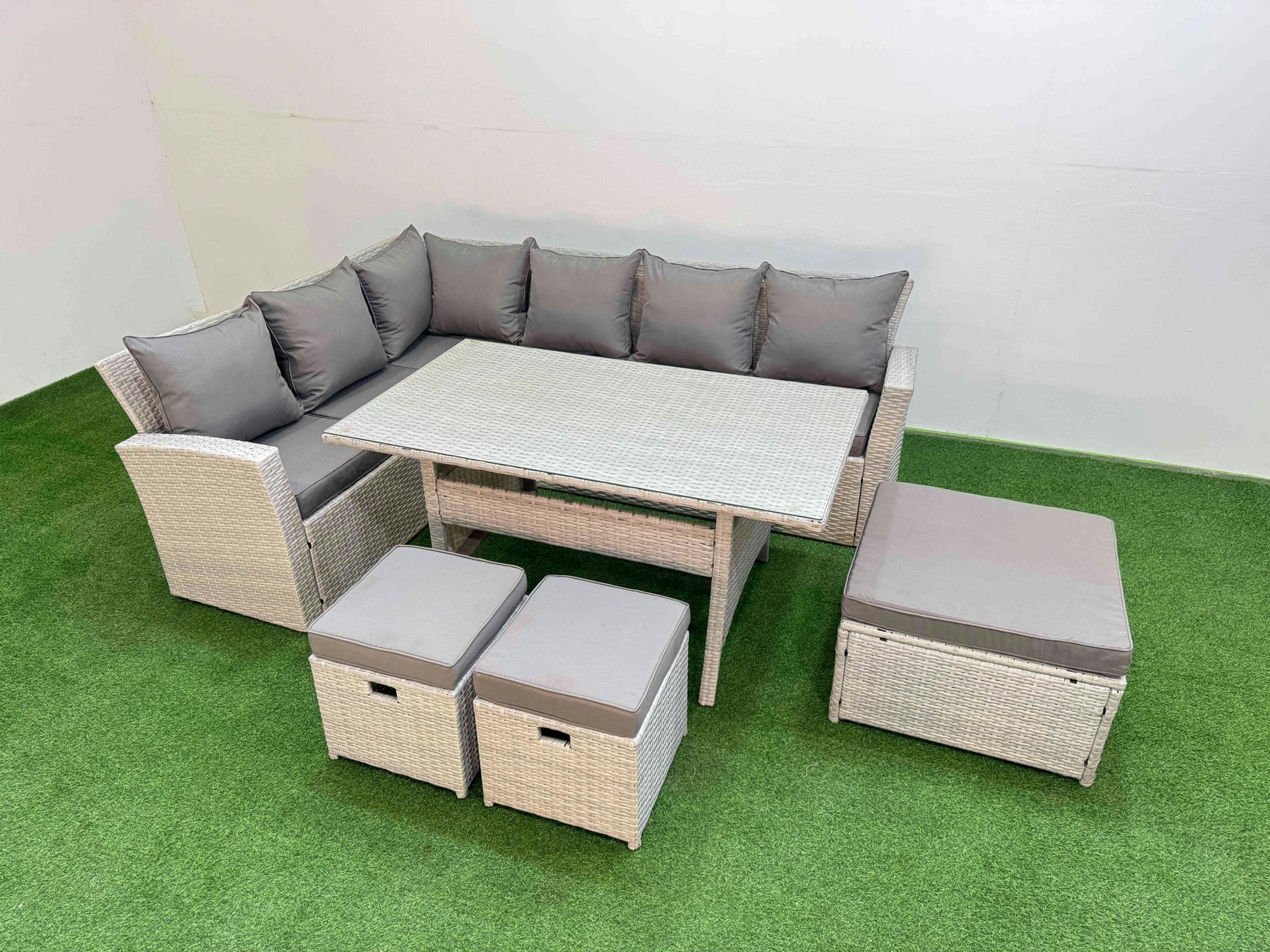 Rackhams Light/Grey 9 Seater Rattan Garden Furniture Set Outdoor Patio Dining Corner Sofa Sets With Dining Table 3 Footstools Mixed