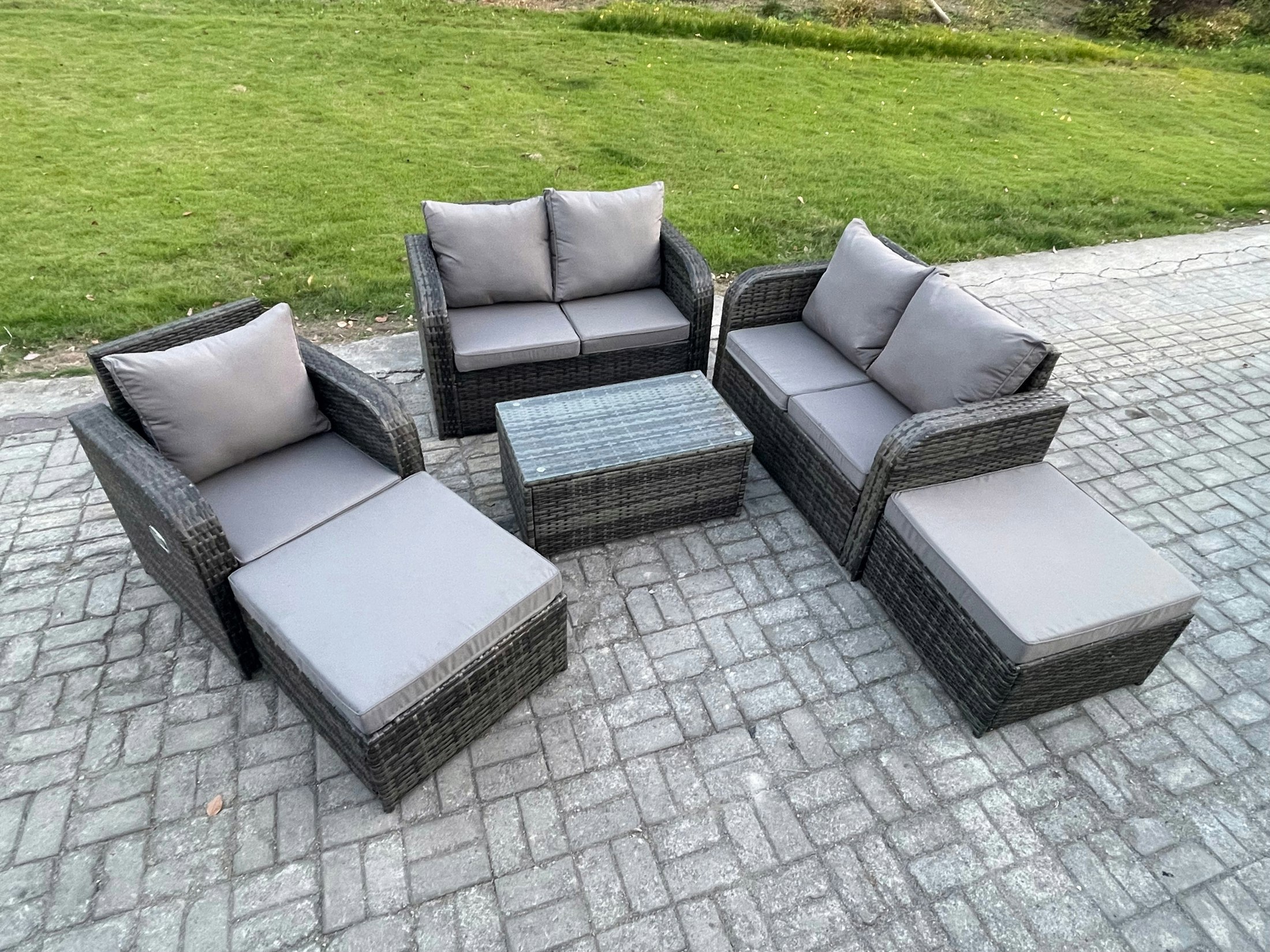 Rackhams Dark/Grey 7 Seater Garden Furniture Set Rattan Outdoor Lounge Sofa Chair With Tempered Glass Table 2 Big Footstool Mixed