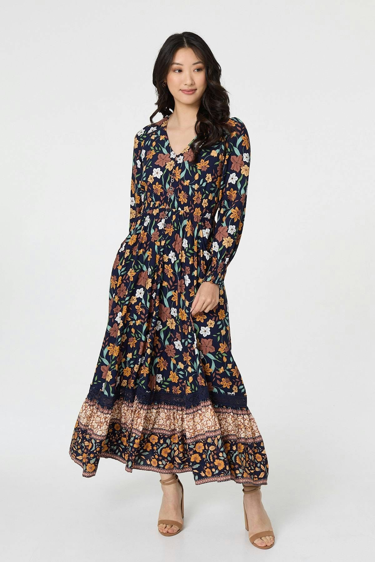Izabel London Floral Border Print Smocked Maxi Dress - 14 - Navy