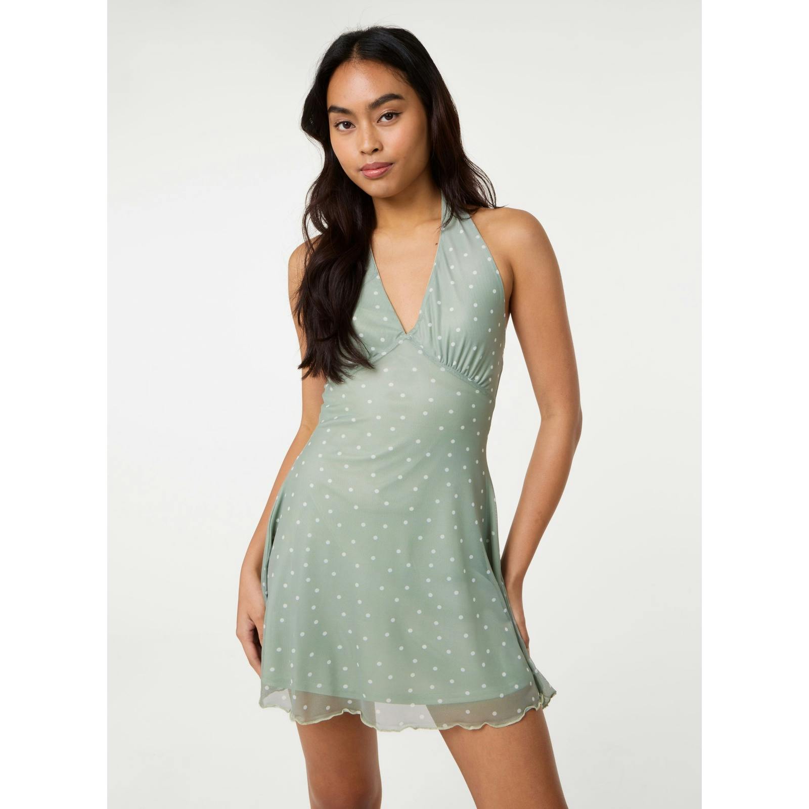 Pink Vanilla Halter Mini Dress In Polka Dot - L - Sage