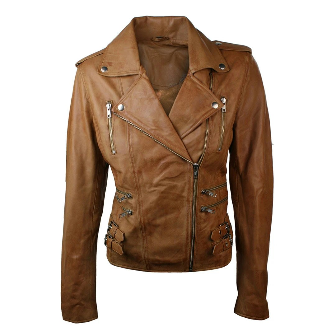 Infinity Leather Women's Leather Company Leather Tan Short Biker Jacket - Uk 20