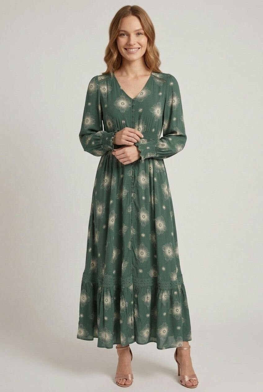 Izabel London Green Printed Relaxed Long Sleeve Maxi Dress - 8