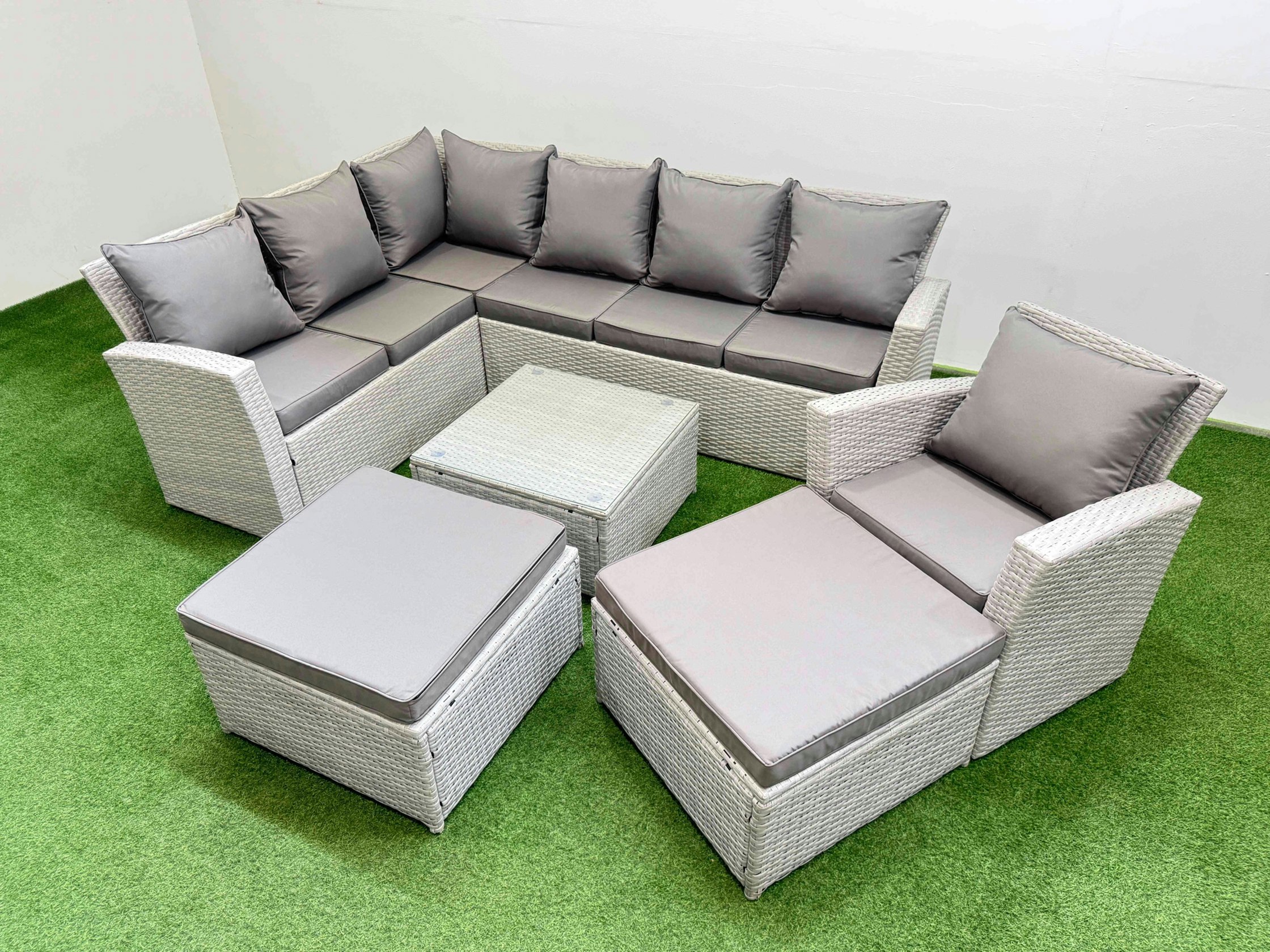 Fimous Light/Grey Outdoor Rattan Garden Furniture Set 9 Seater Corner Sofa Sets With Square Coffee Table Chair 2 Big Footstools Mixed