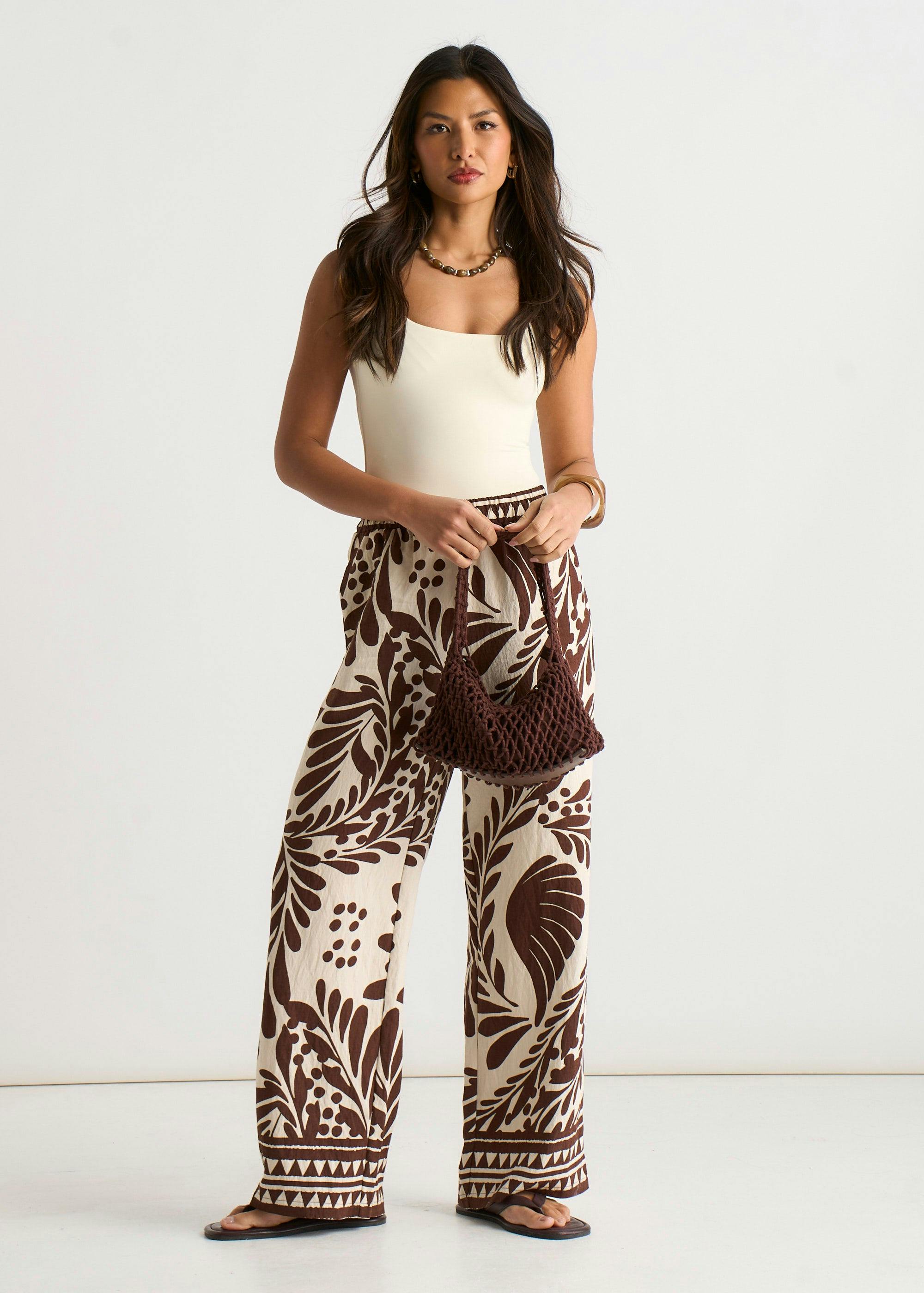 Gini London Chocolate Border Print Elasticated Trousers - Uk 10 / Us 6 / Eu 38