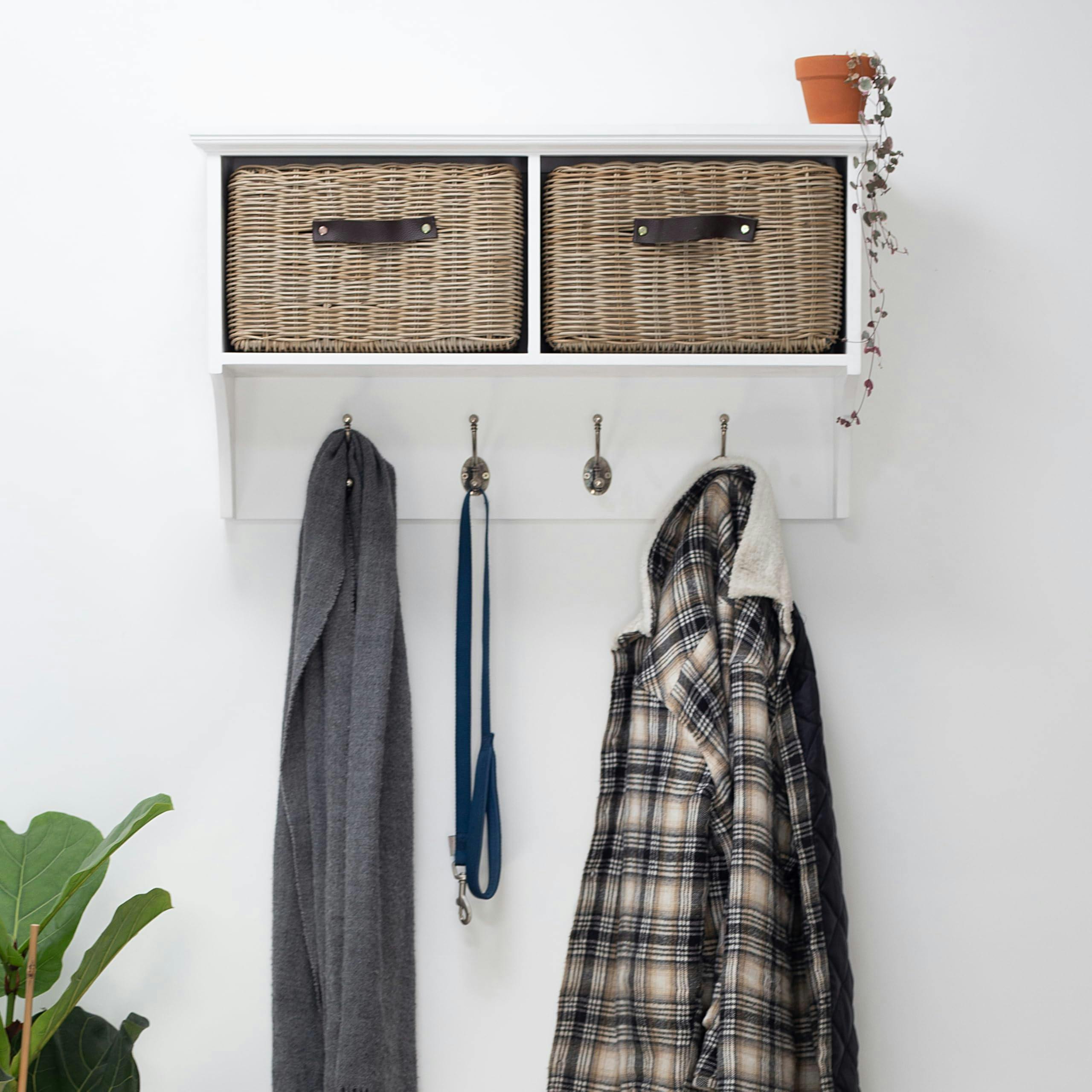 Rackhams White Tetbury Wall Coat Rack With 2 Strong Storage Baskets. Assembled Hallway Storage Shelf