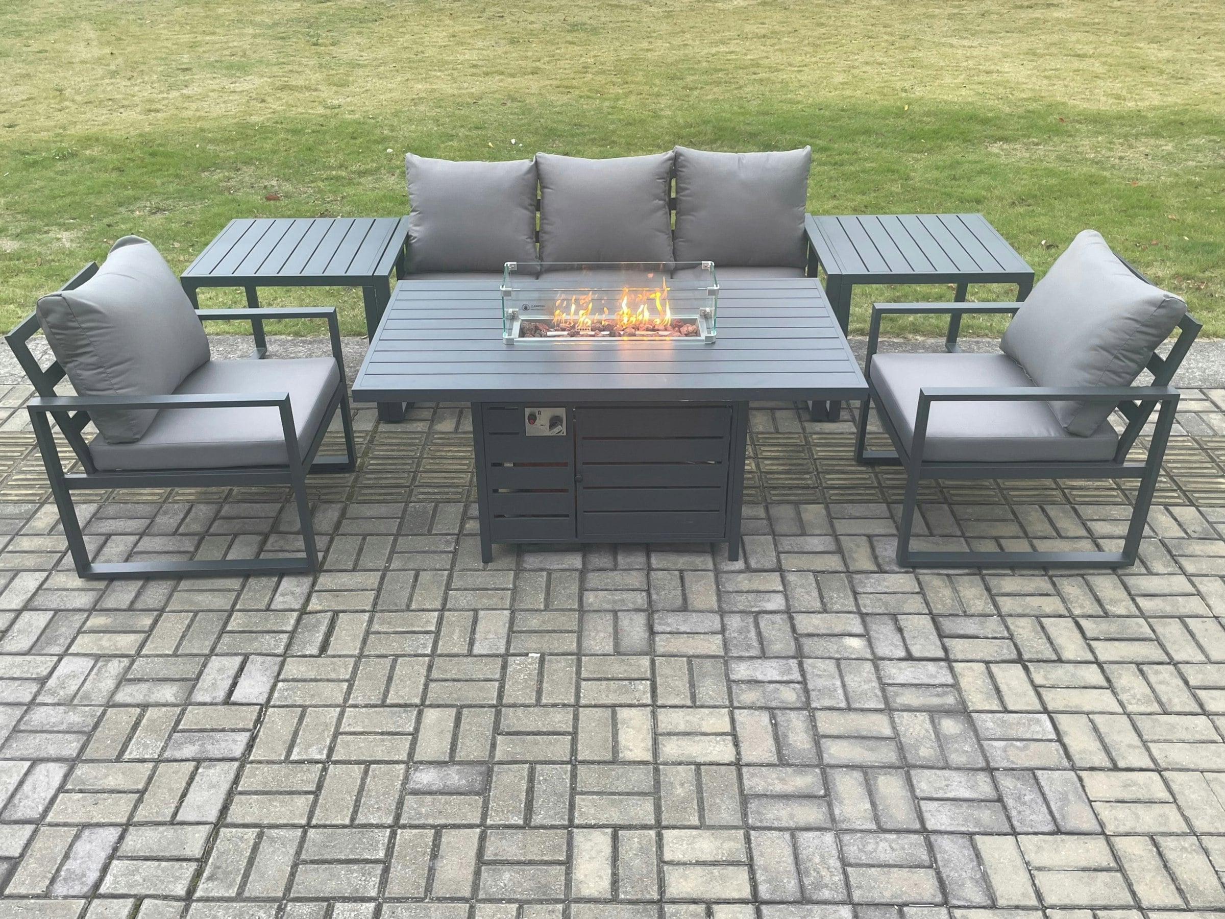 Fimous Dark/Grey Aluminium Outdoor Garden Furniture Set Gas Fire Pit Dining Table Set Gas Heater Burner With 2 Arm Chair 2 Side Tables 5 Seater