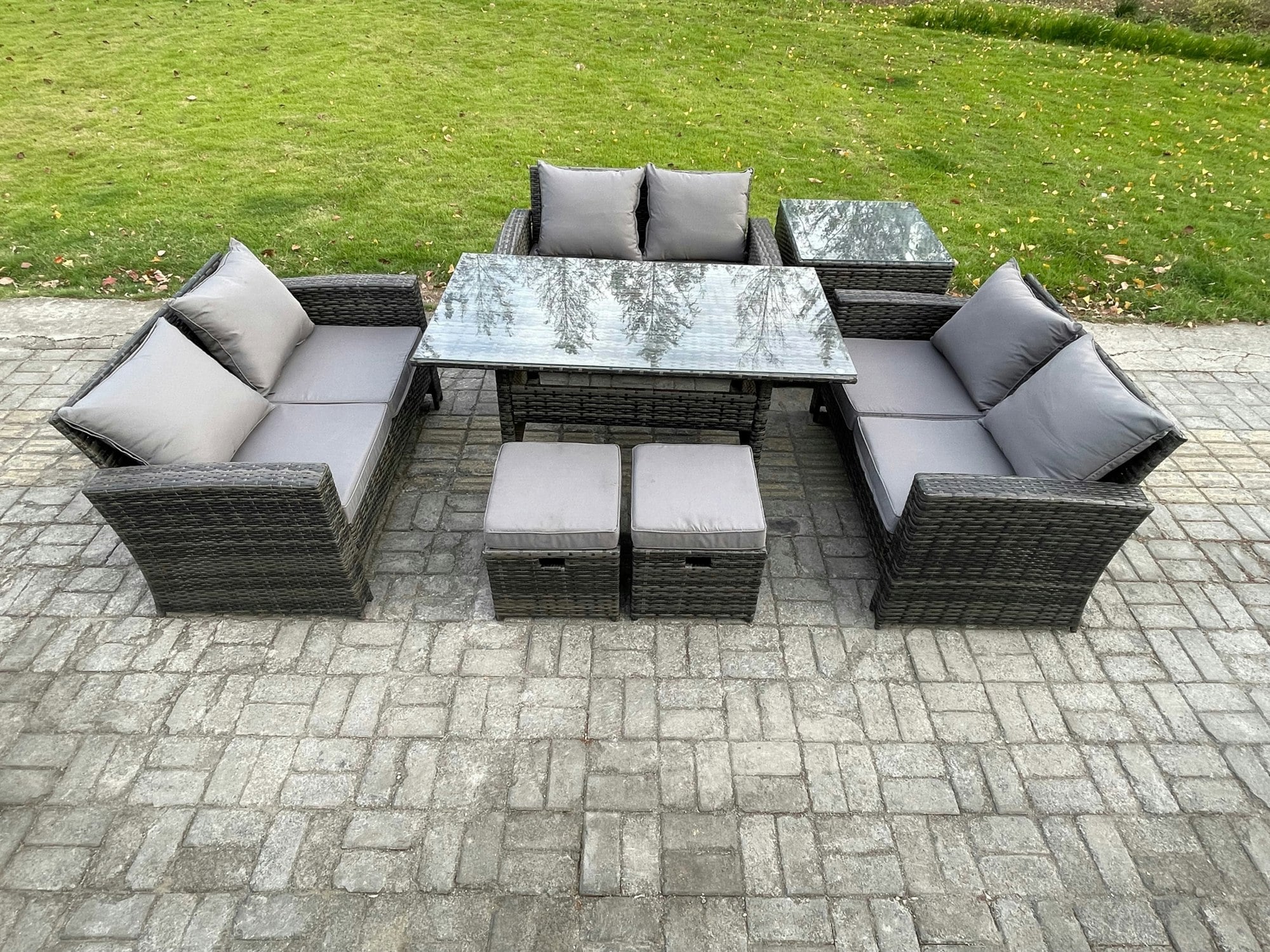Fimous Dark/Grey Outdoor Lounge Sofa Set - Mixed Pe Wicker Rattan Garden Furniture With Oblong Dining Table & 2 Small Footstools