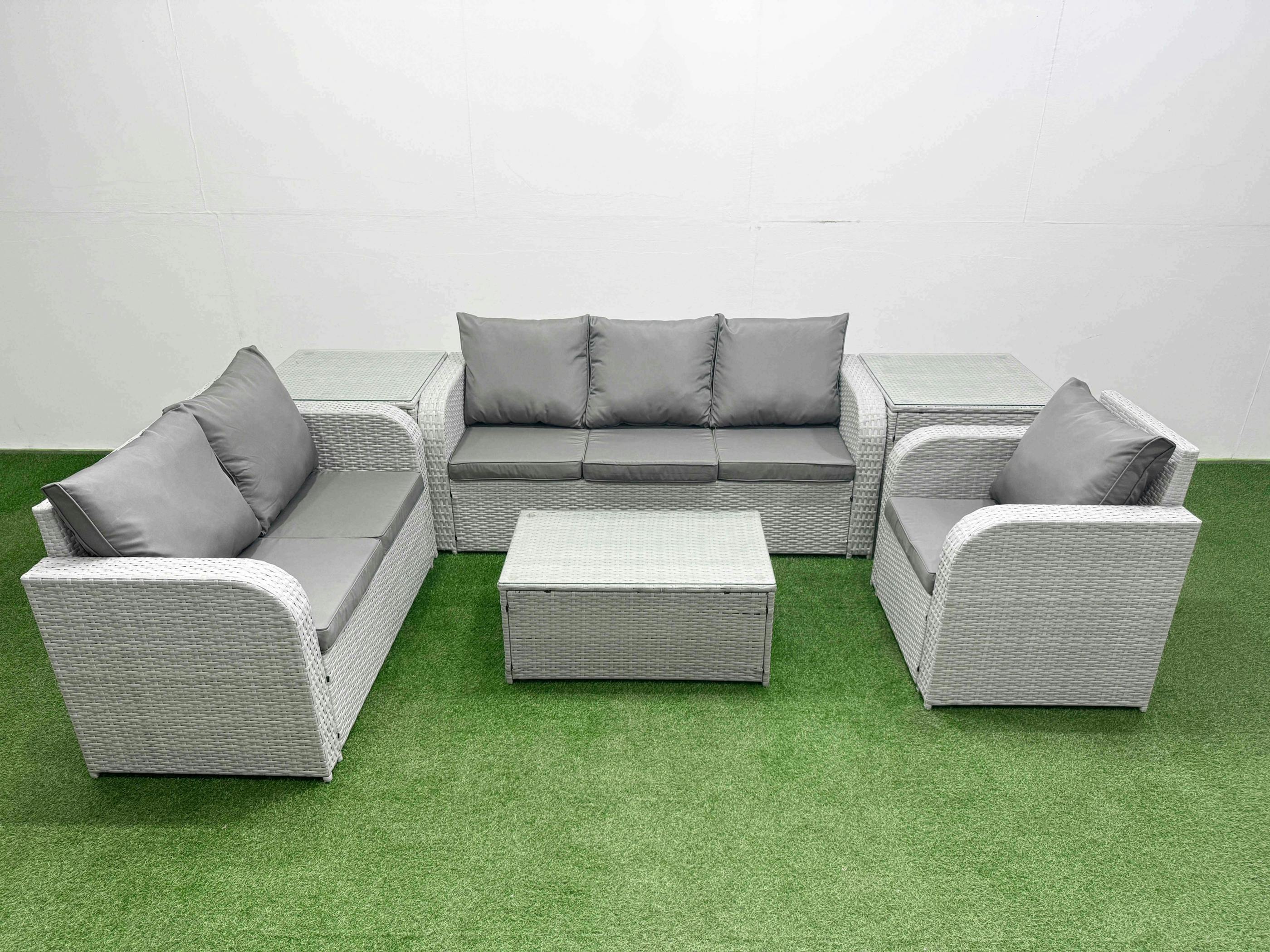 Fimous Light/Grey 6 Seater Patio Sofa Set, Pe Wicker, Coffee Table, Reclining Chair, Loveseat, 3 Seater Sofa And 2 Side Tables,