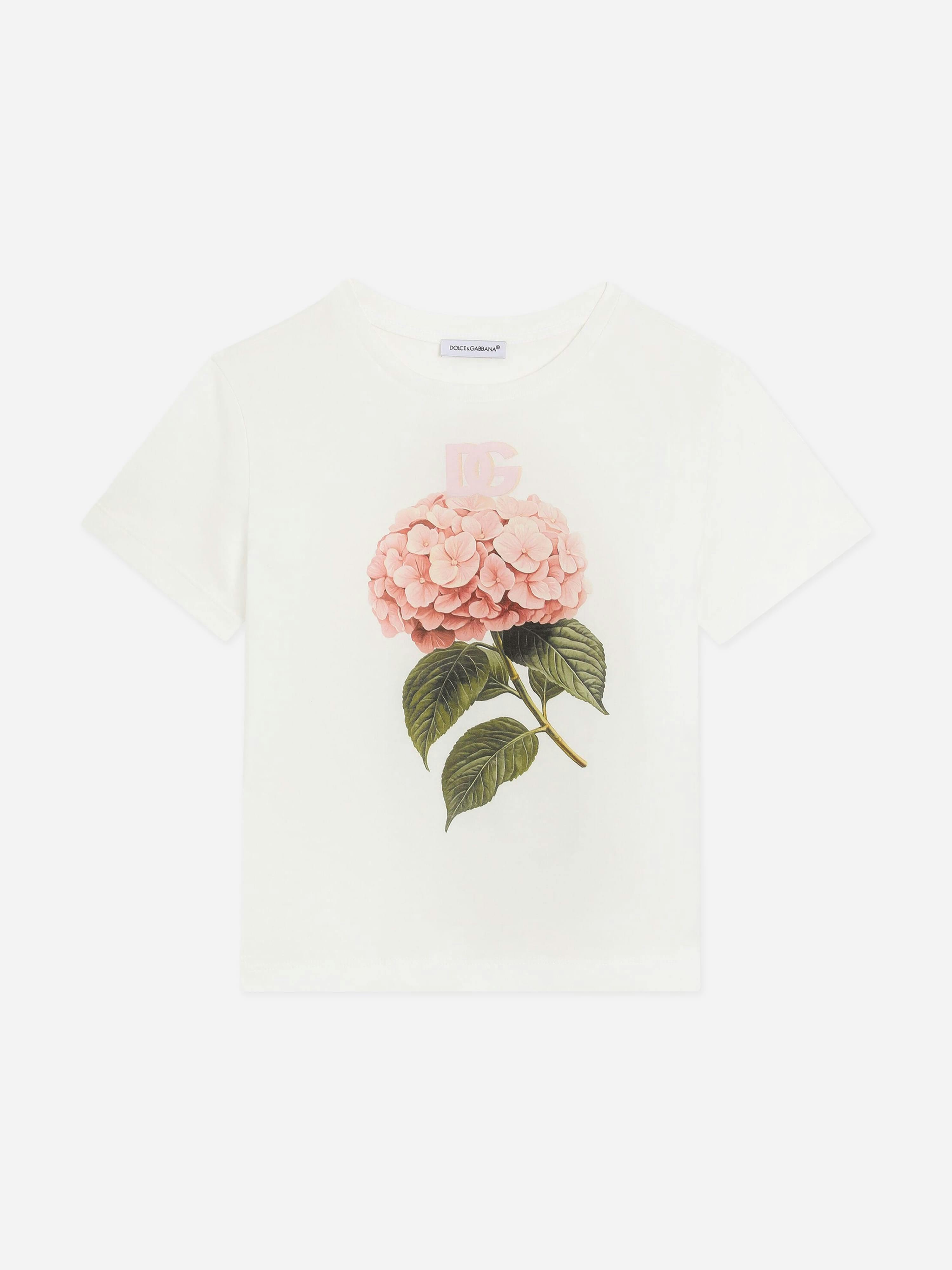 Dolce & Gabbana Kids Girls White Dolce & Gabbana Hydrangea Print T-Shirt In - 12 Yrs