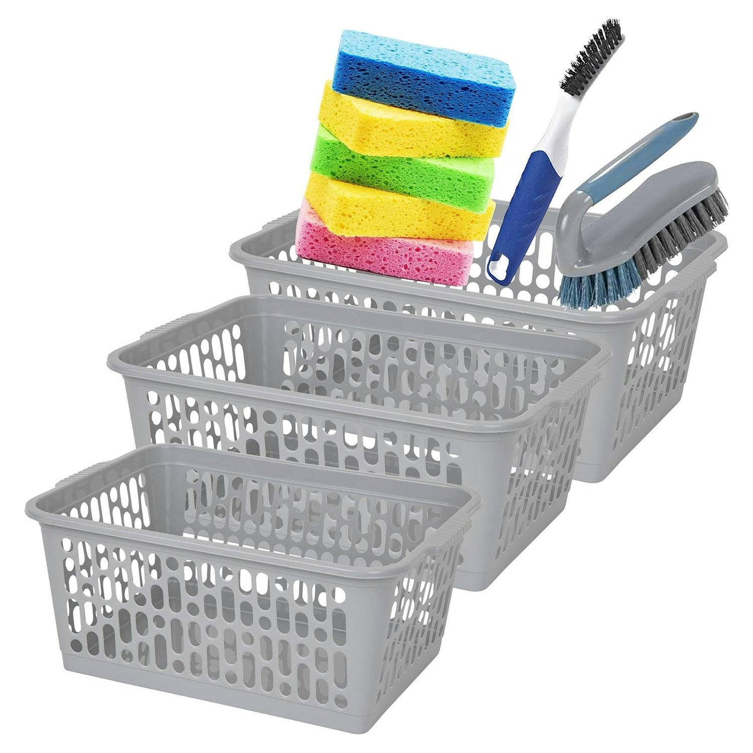 Rackhams Grey Multipurpose Plastic Handy Storage Basket Cool For Organisation - 3 X