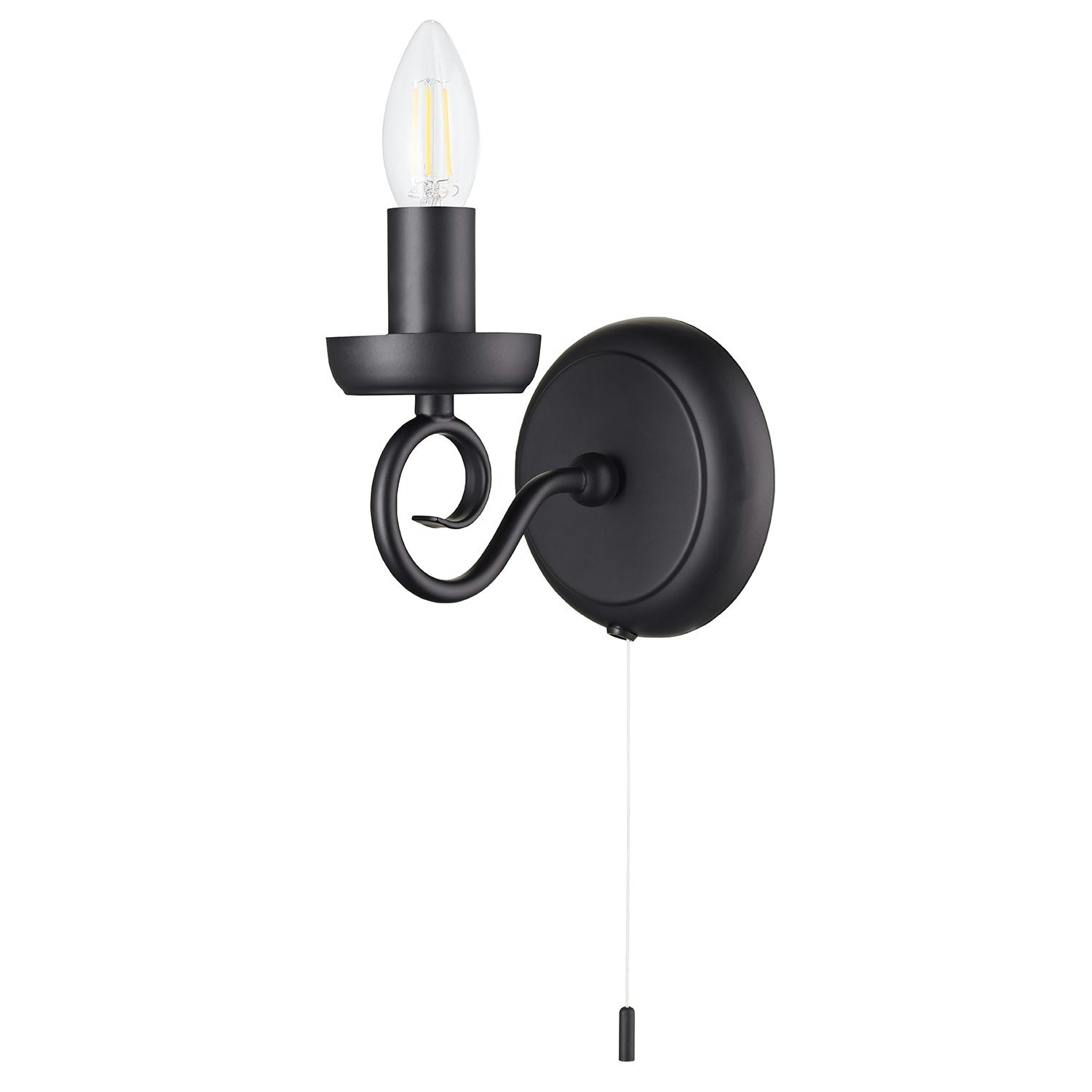 Happy Homewares Black/Light Traditional Style Matt Wall Fitting With Scroll Arm And Pull Switch 17Cm