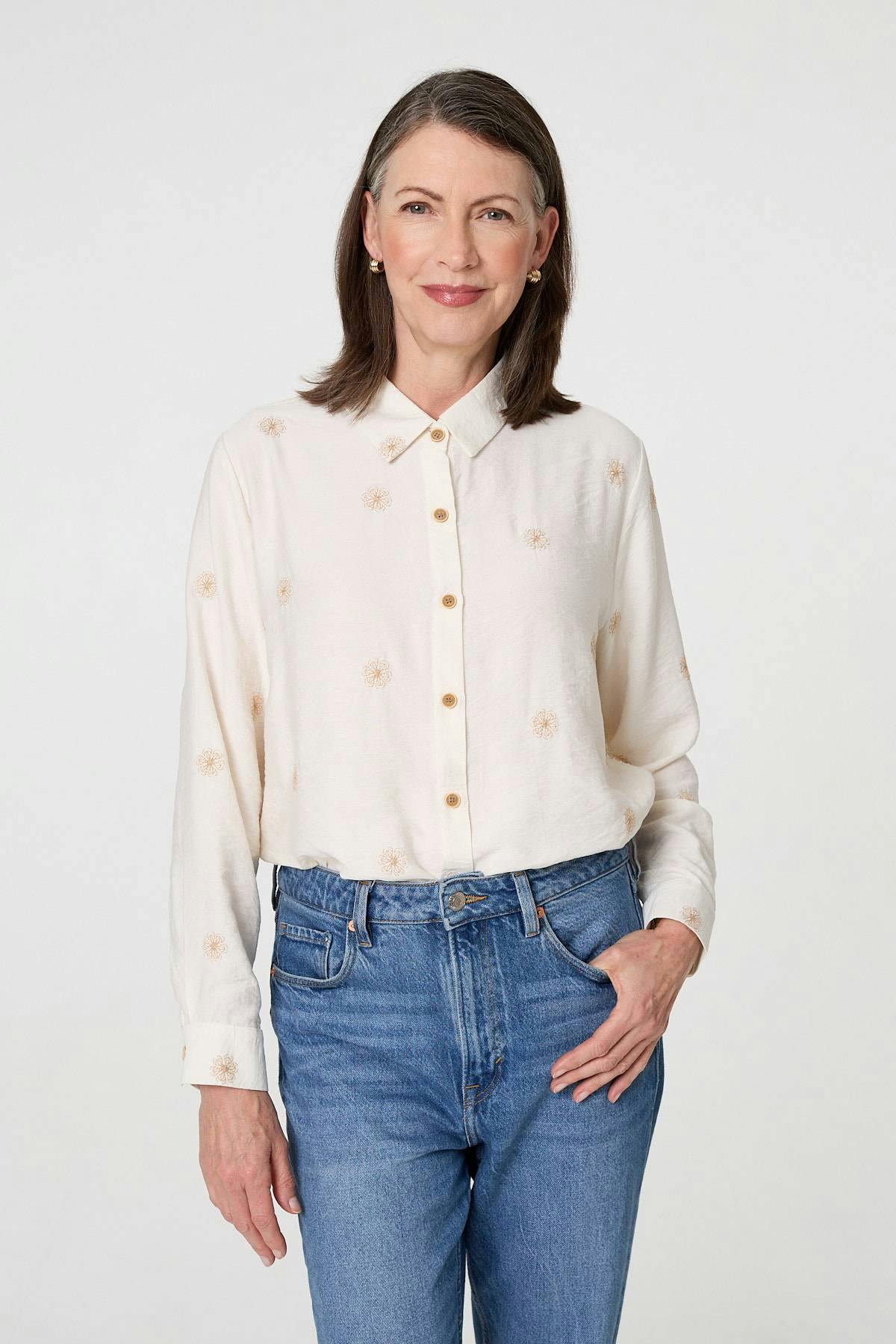Izabel London Cream Embroidered Long Sleeve Relaxed Shirt - 14