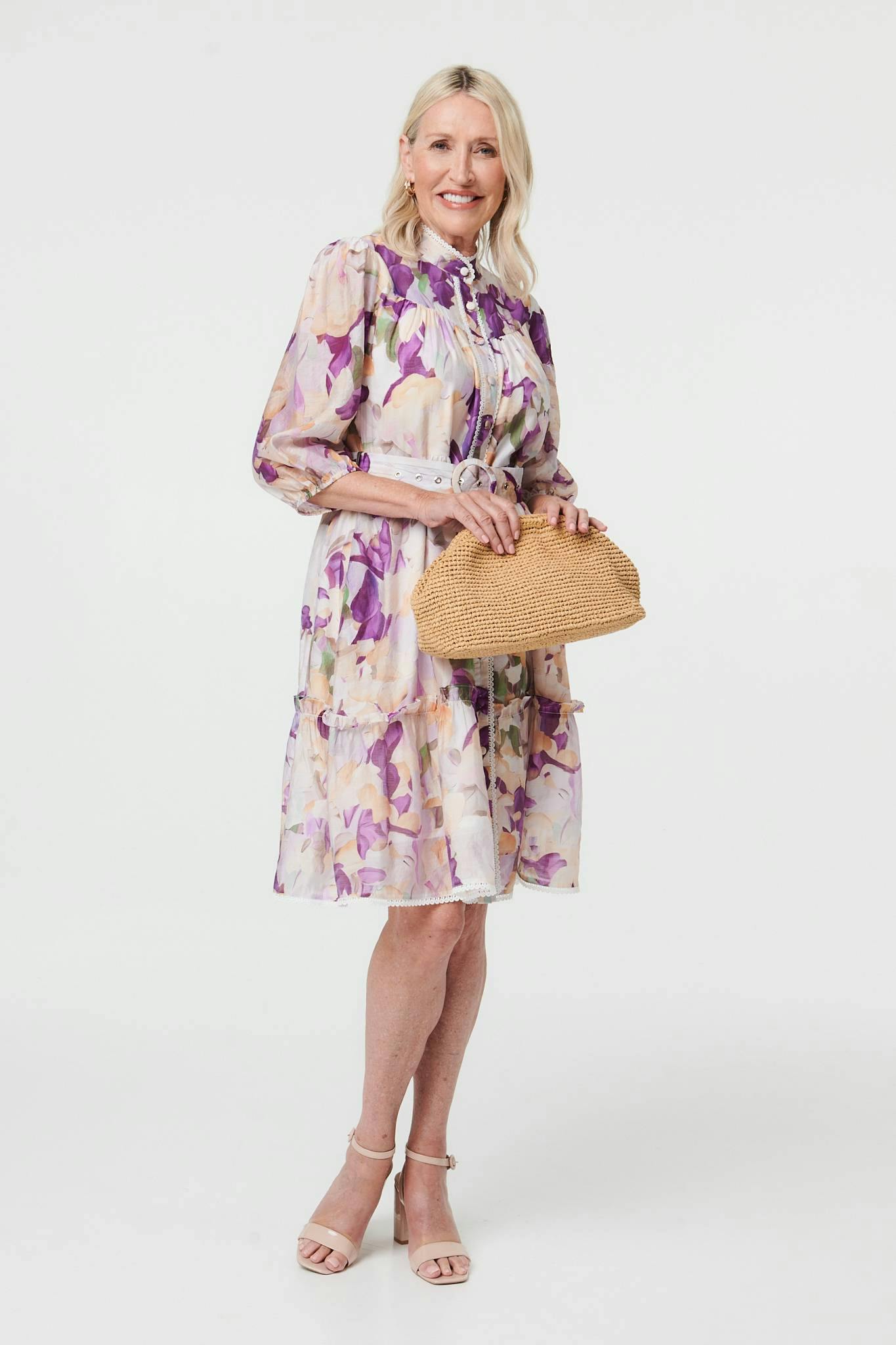Izabel London Purple Floral 3/4 Sleeve Knee Length Dress - 8