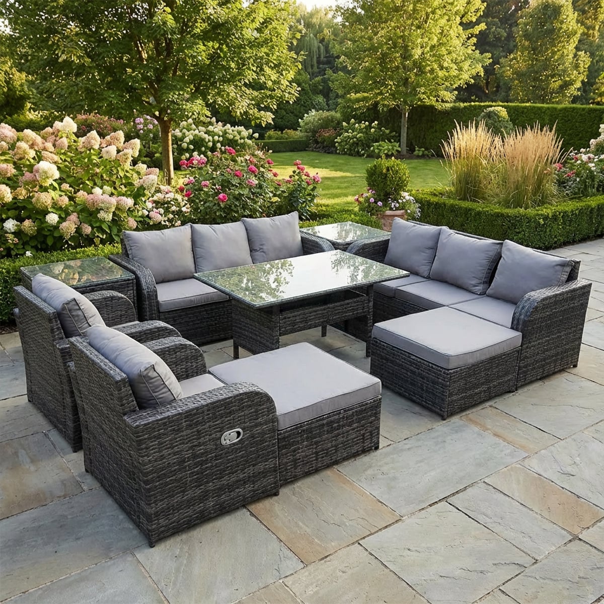 Fimous Dark/Grey 10 Seater Rattan Garden Dining Set With Table, Chairs, 2 3-Seater Sofas, 2 Footstools, 2 Side Tables