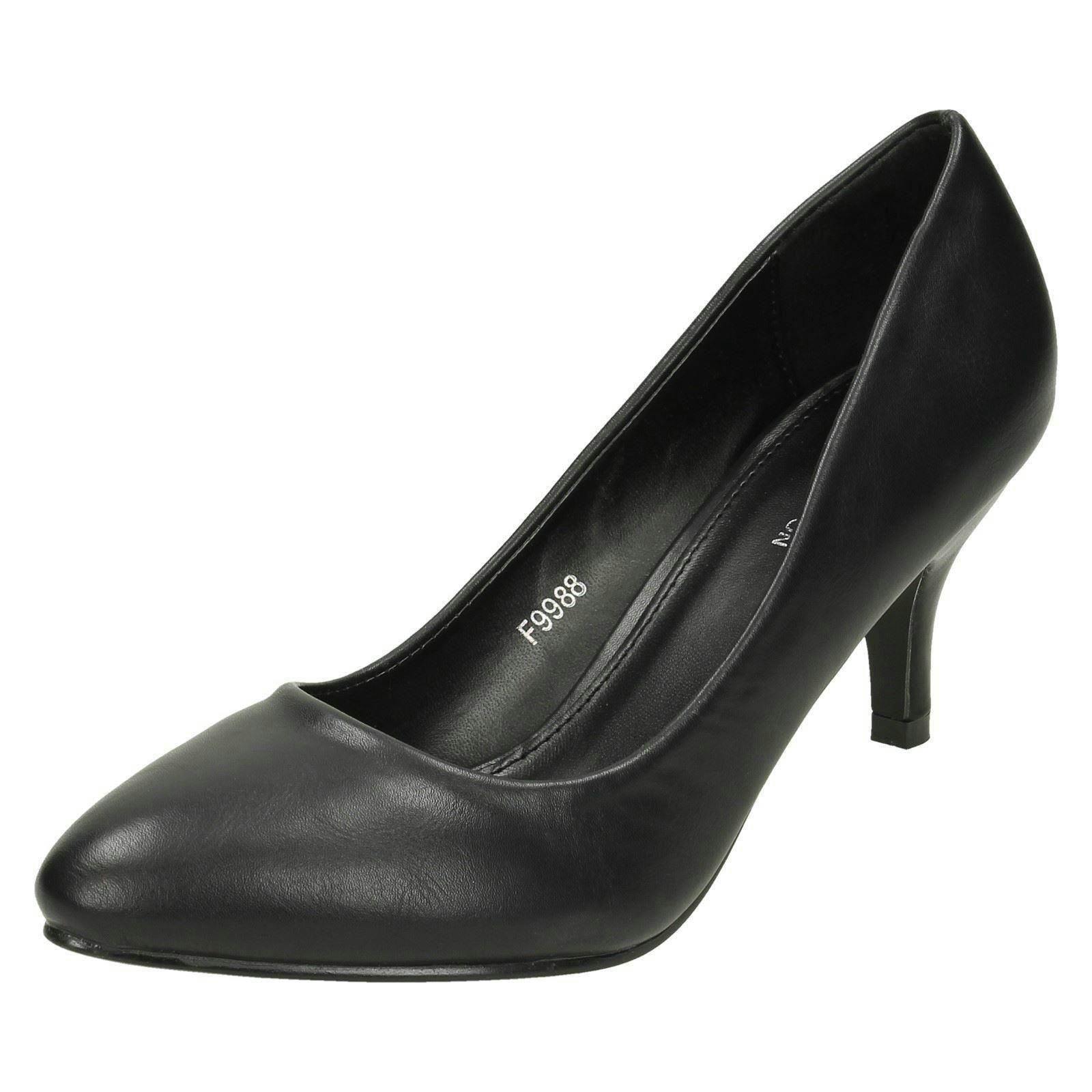 Spot On Women's Black Mid Heel Pointed Toe Court Shoes - Uk 4