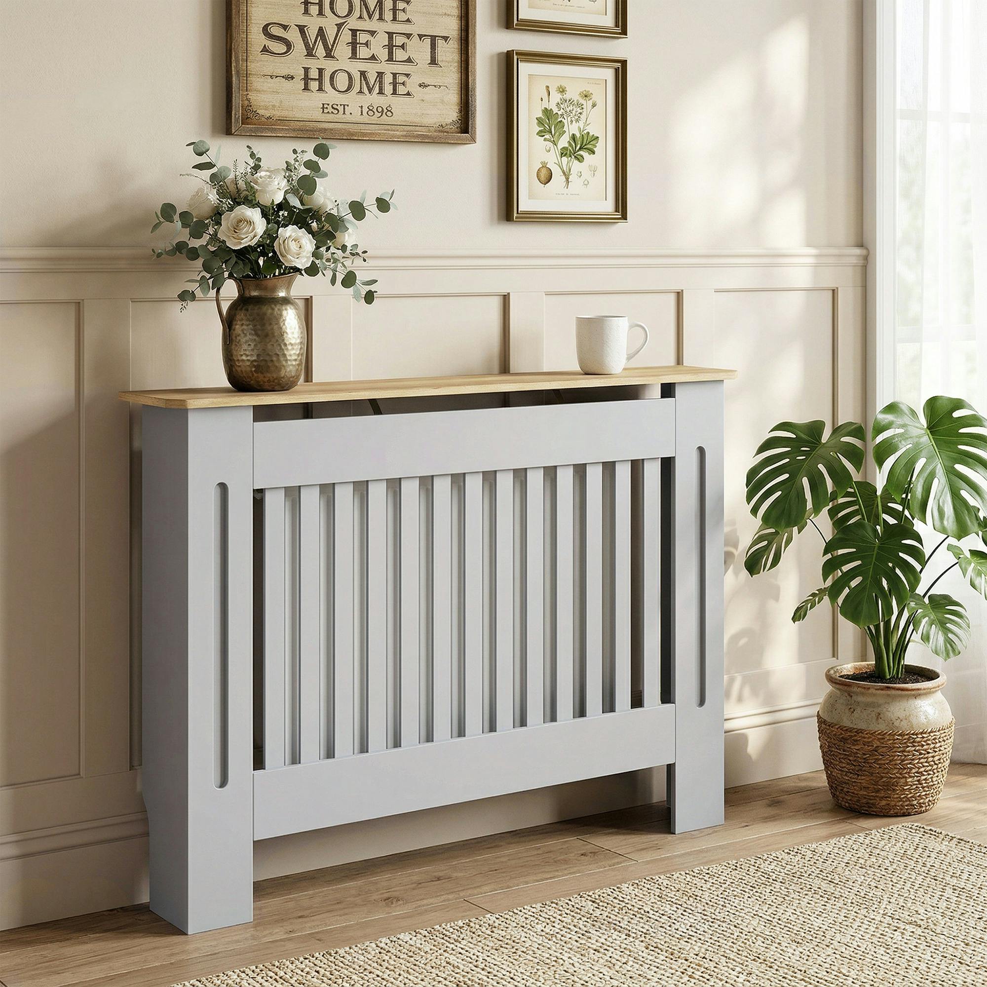 Homcom Grey Radiator Cover Painted Slatted Mdf Cabinet Lined Grill - 112X19x81cm