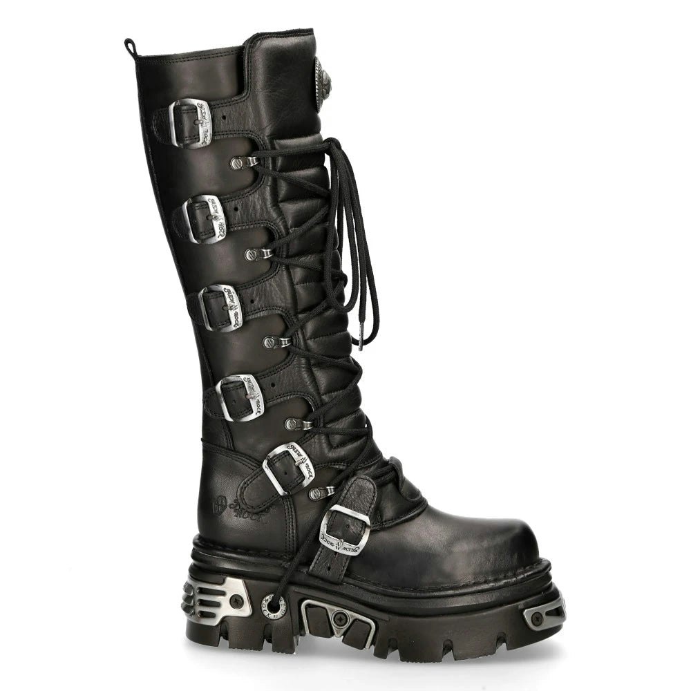 New Rock Black M272-S1 Metallic Goth Knee High Zip Leather Buckle Boots Punk Emo - Eu 41