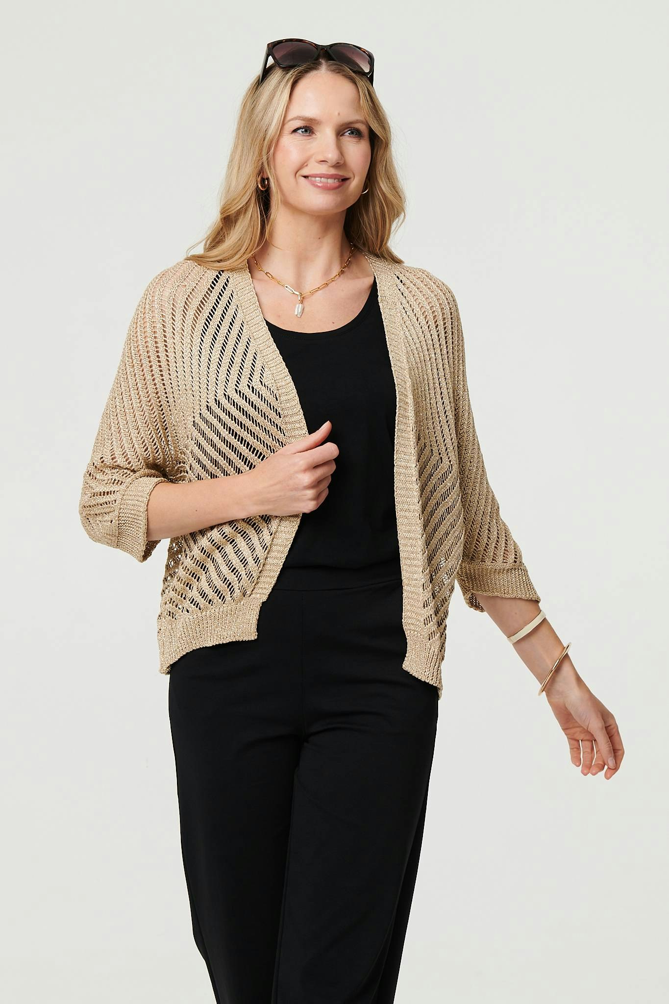 Izabel London Gold Sheer Mesh Texture 3/4 Sleeve Cardigan - Large