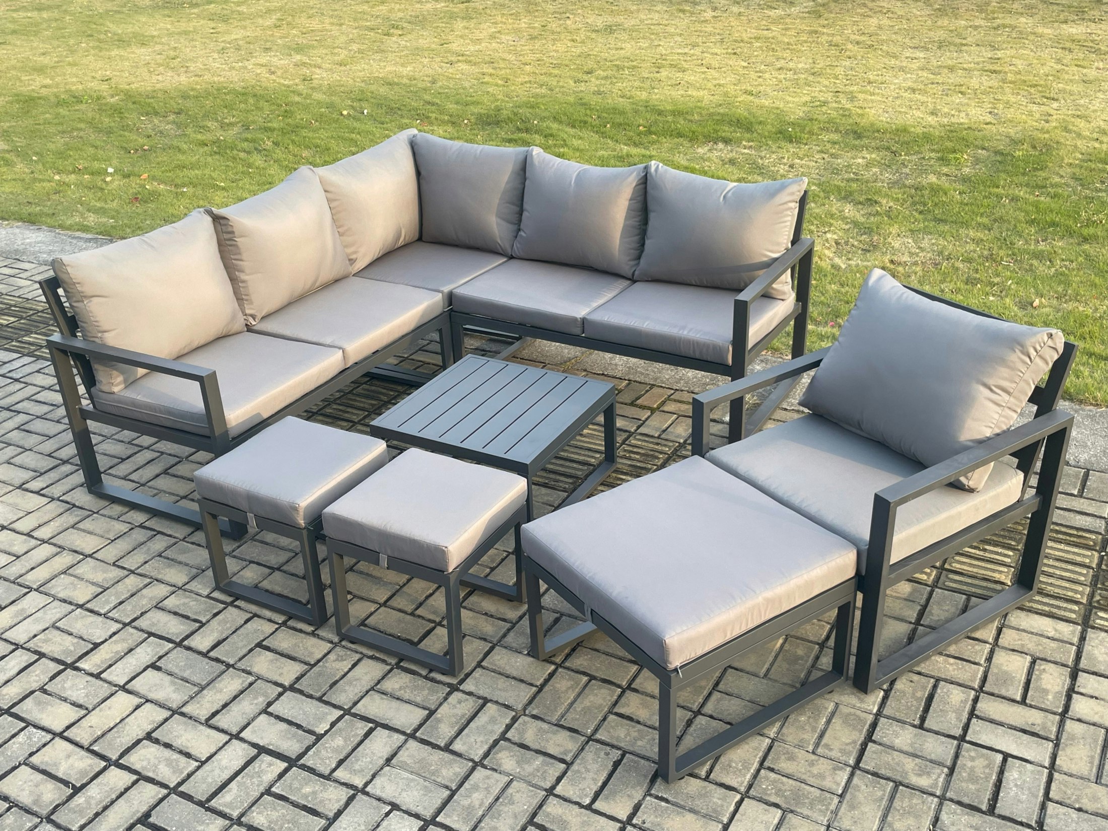 Rackhams Dark/Grey Outdoor Garden Furniture Set Aluminium Lounge Sofa Square Coffee Table Sets With Chair 3 Footstools Indoor Conservatory Set