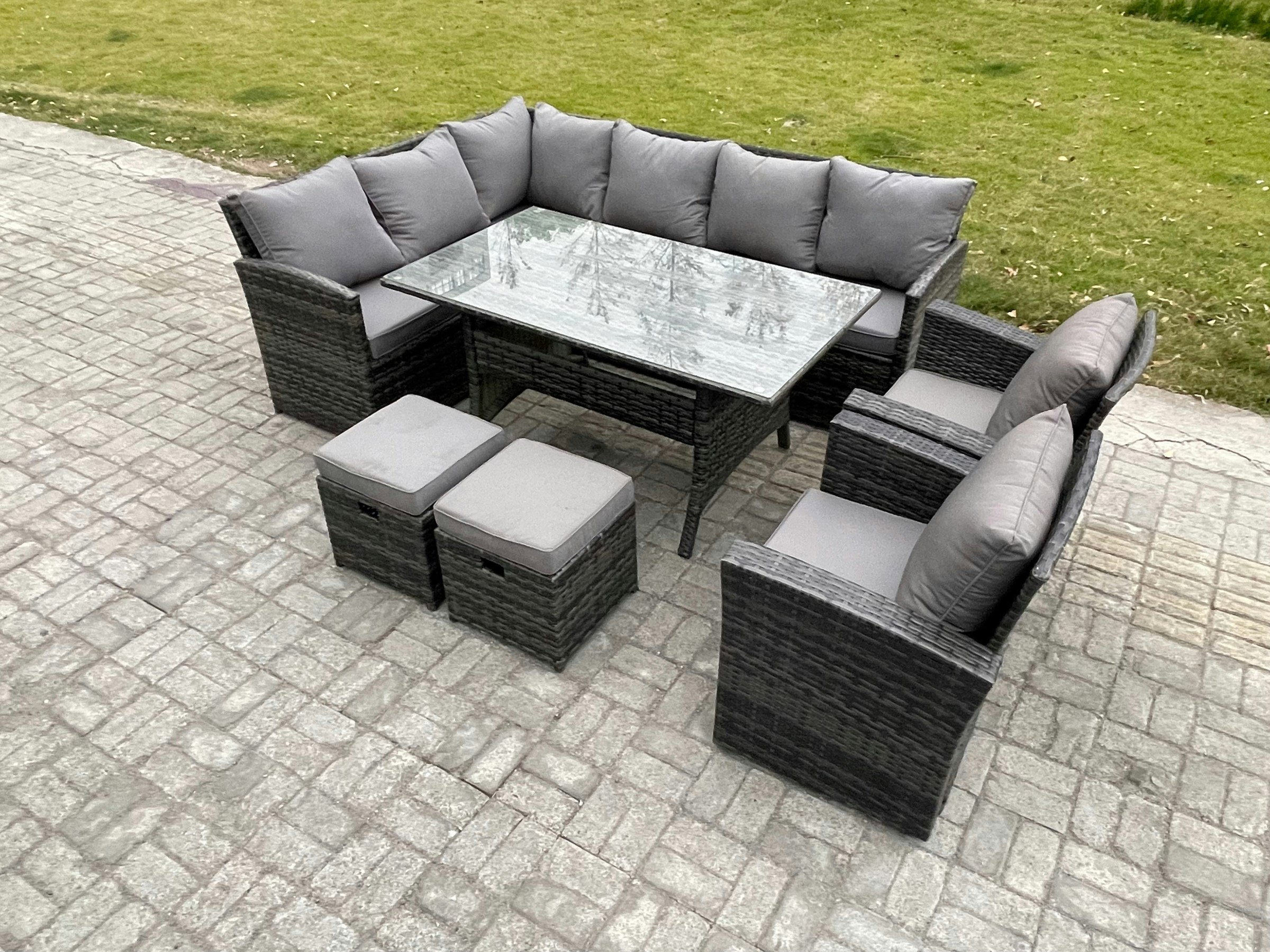 Rackhams Dark/Grey 10-Seater Rattan Outdoor Corner Sofa Set | Rectangular Dining Table, 2 Armchairs, 2 Footstools