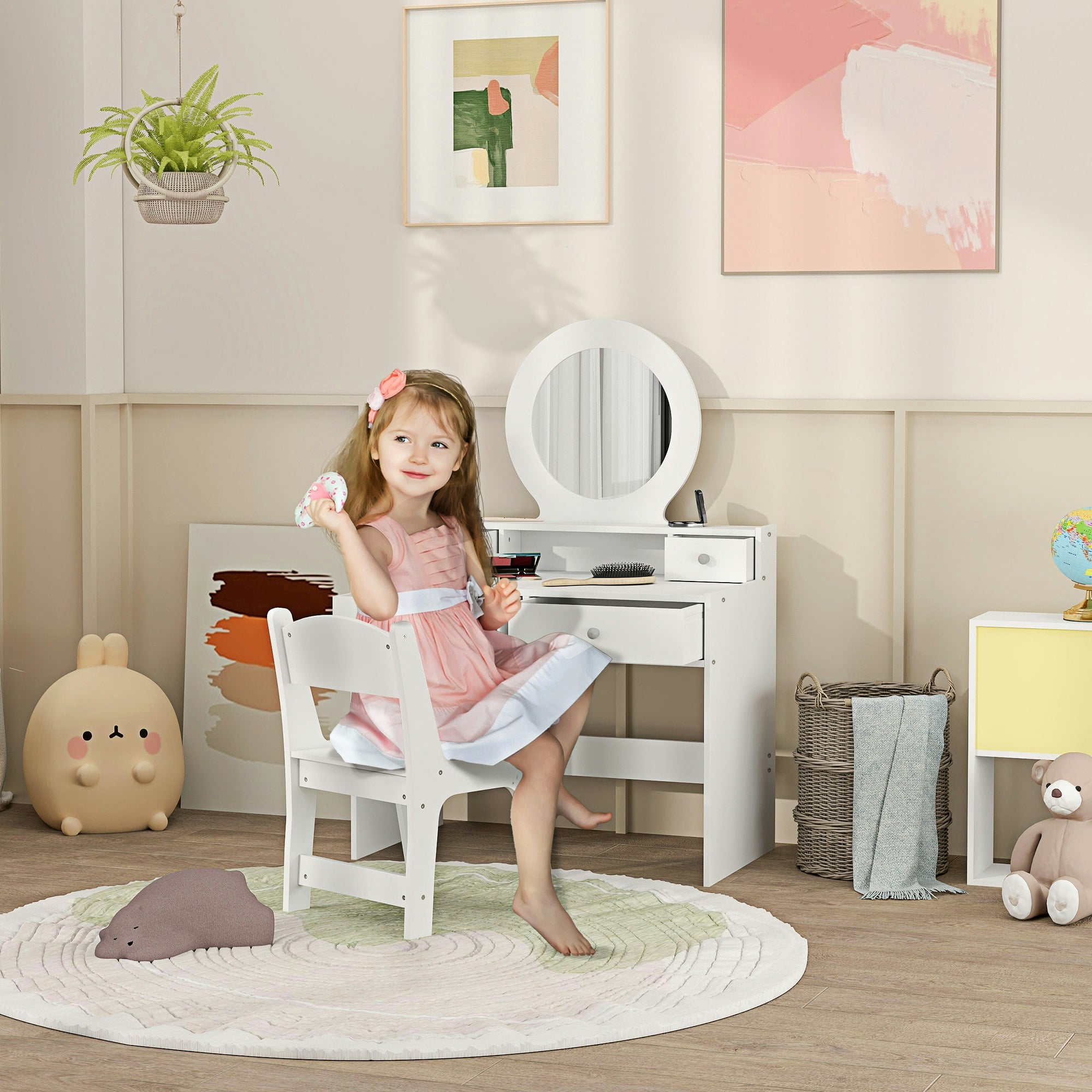 Aiyaplay Pink/White Kids Dressing Table Set W/ Stool, Mirror, Drawers - 70L X 40W X 98H Cm