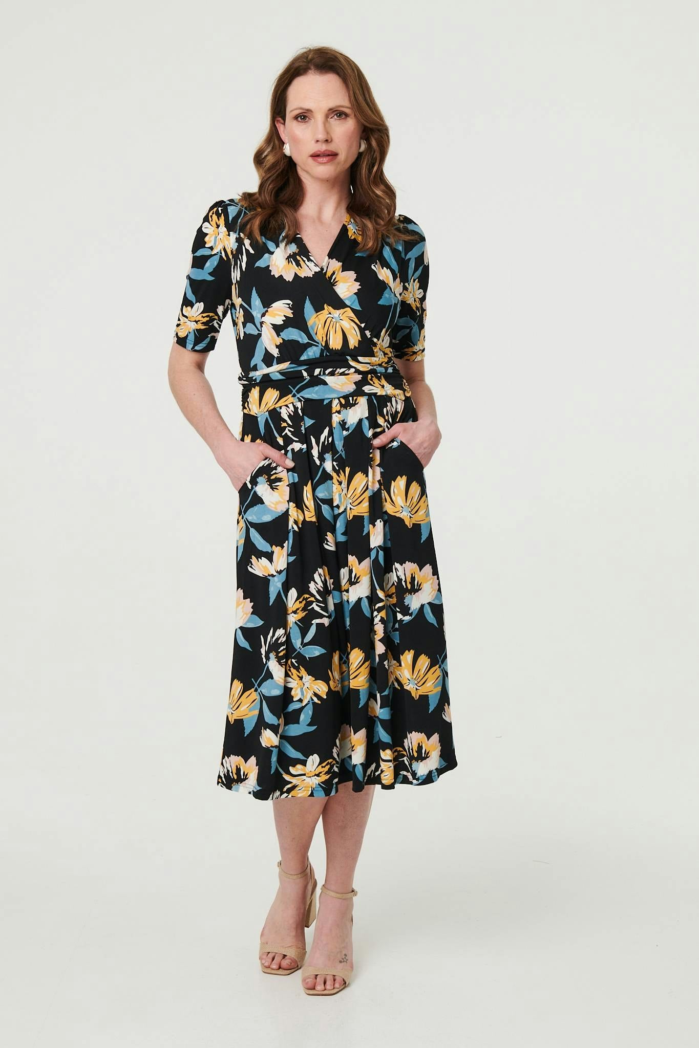 Izabel London Black Floral Short Sleeve Faux Wrap Midi Dress - 10