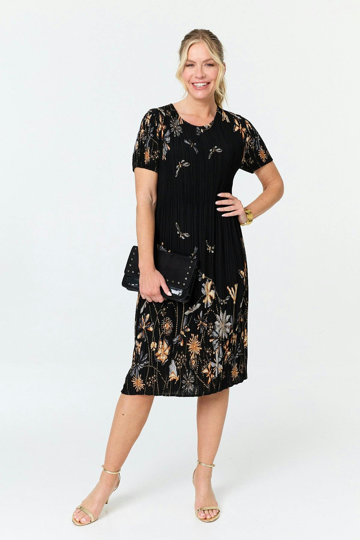 Izabel London Black Floral Pleat Texture Midi Shift Dress - S/M