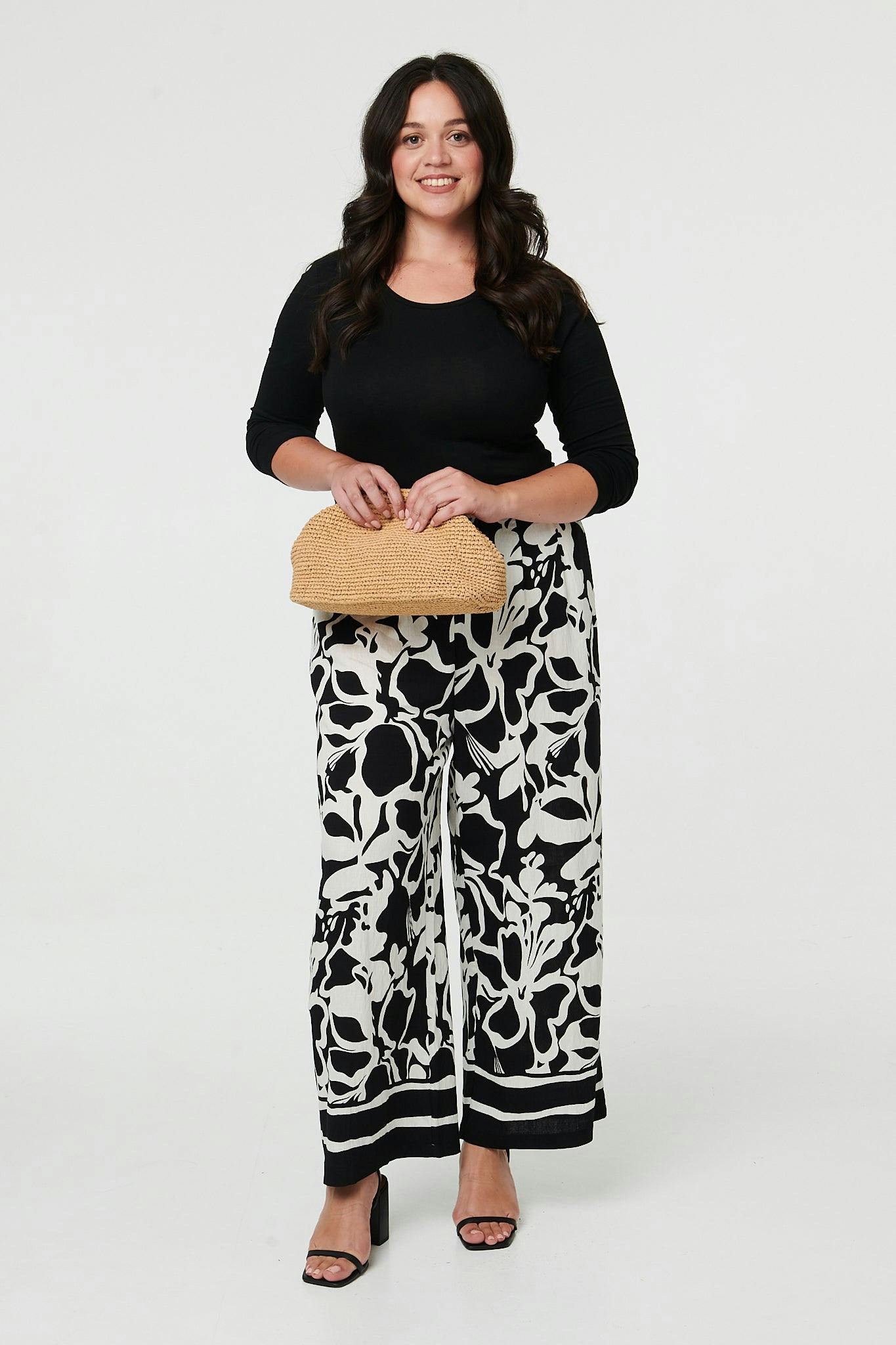 Izabel London Black Curve Abstract Floral Wide Leg Trousers - 24