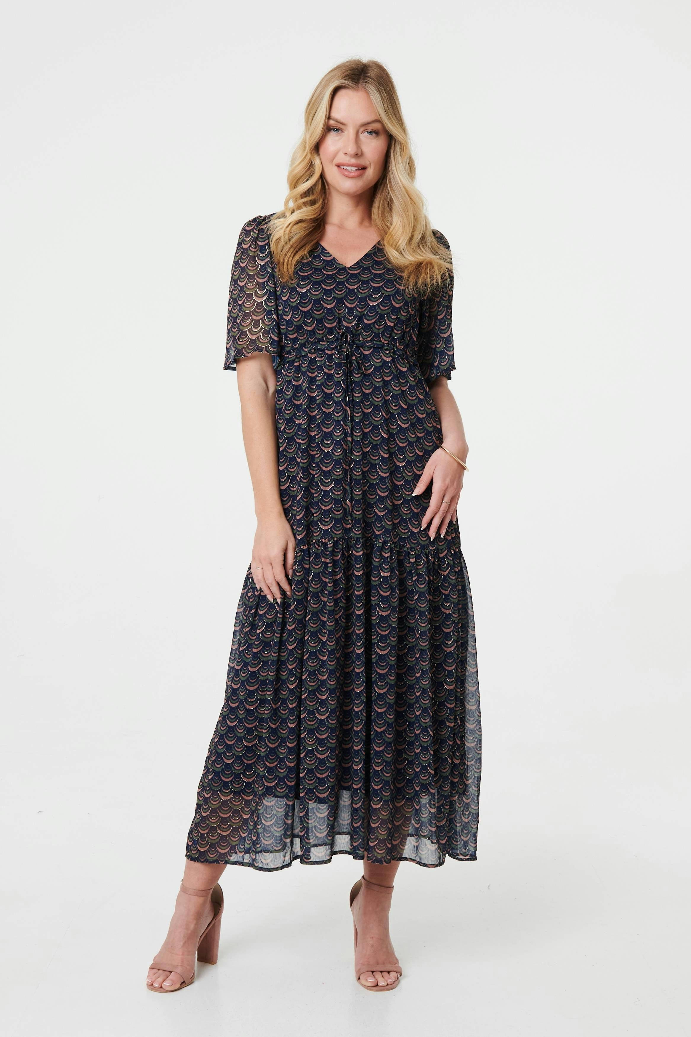 Izabel London Blue Printed Sheer Layered Empire Maxi Dress - 12