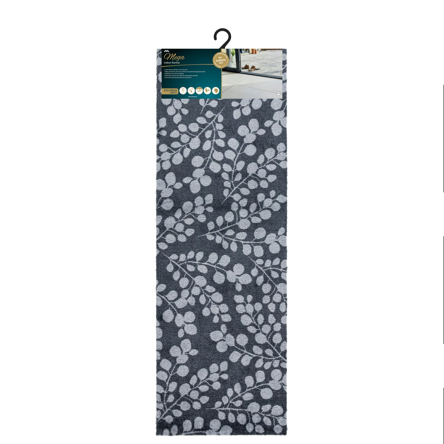Jvl Grey Mega Mat Machine Washable Entrance Runner, 50X150cm, Branches