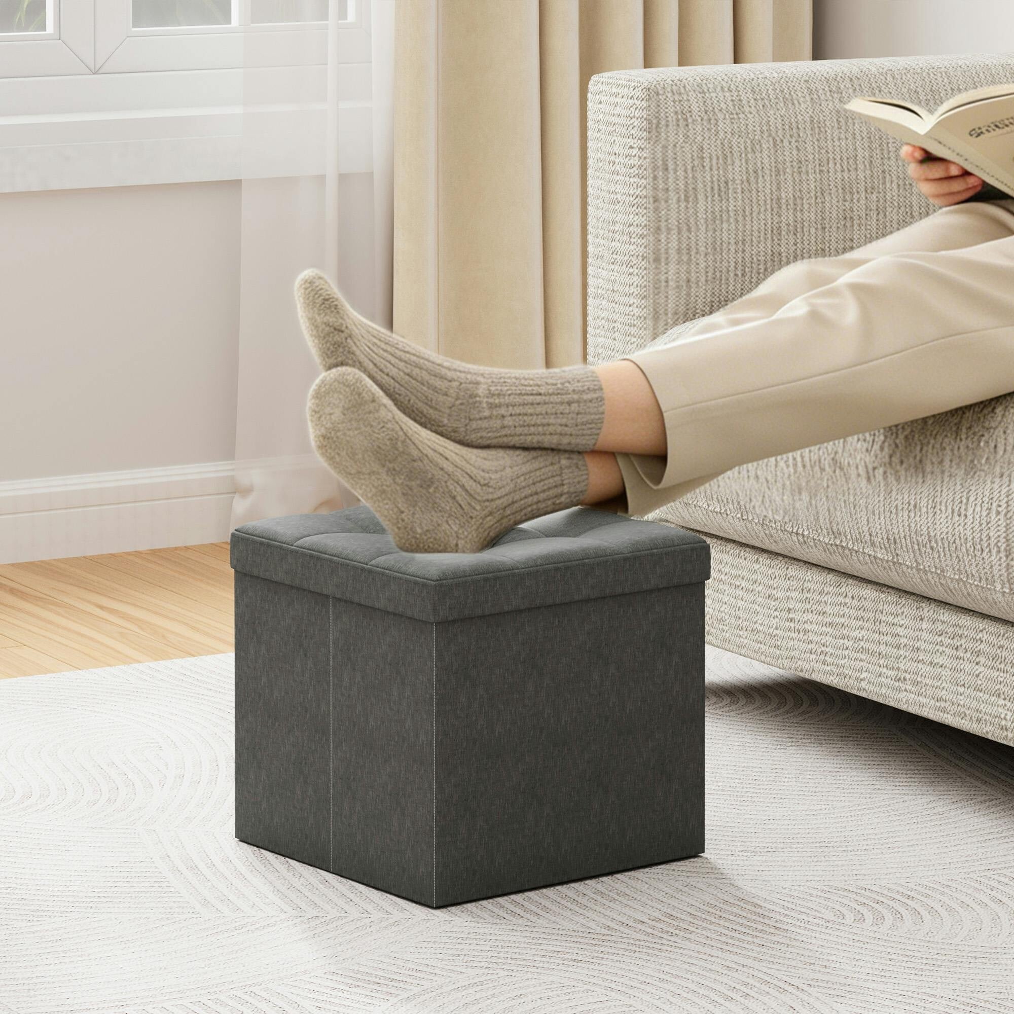Mcc Direct 38Cm Square Foldable Storage Ottoman Upholstered Footstool E - Dark Grey - Image 3