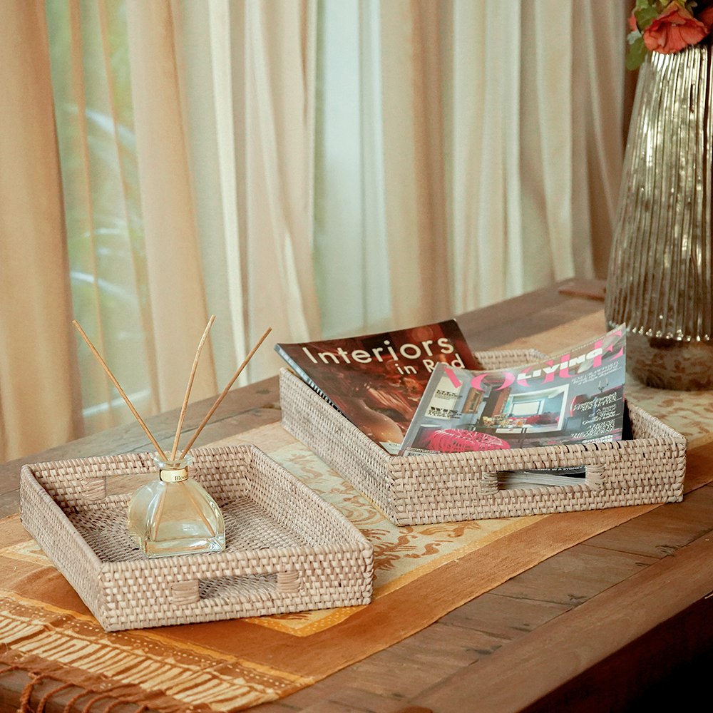 Rackhams White Rattan Rectangular Serving Tray - L 33Cm X W 25Cm X H 5Cm - Wash
