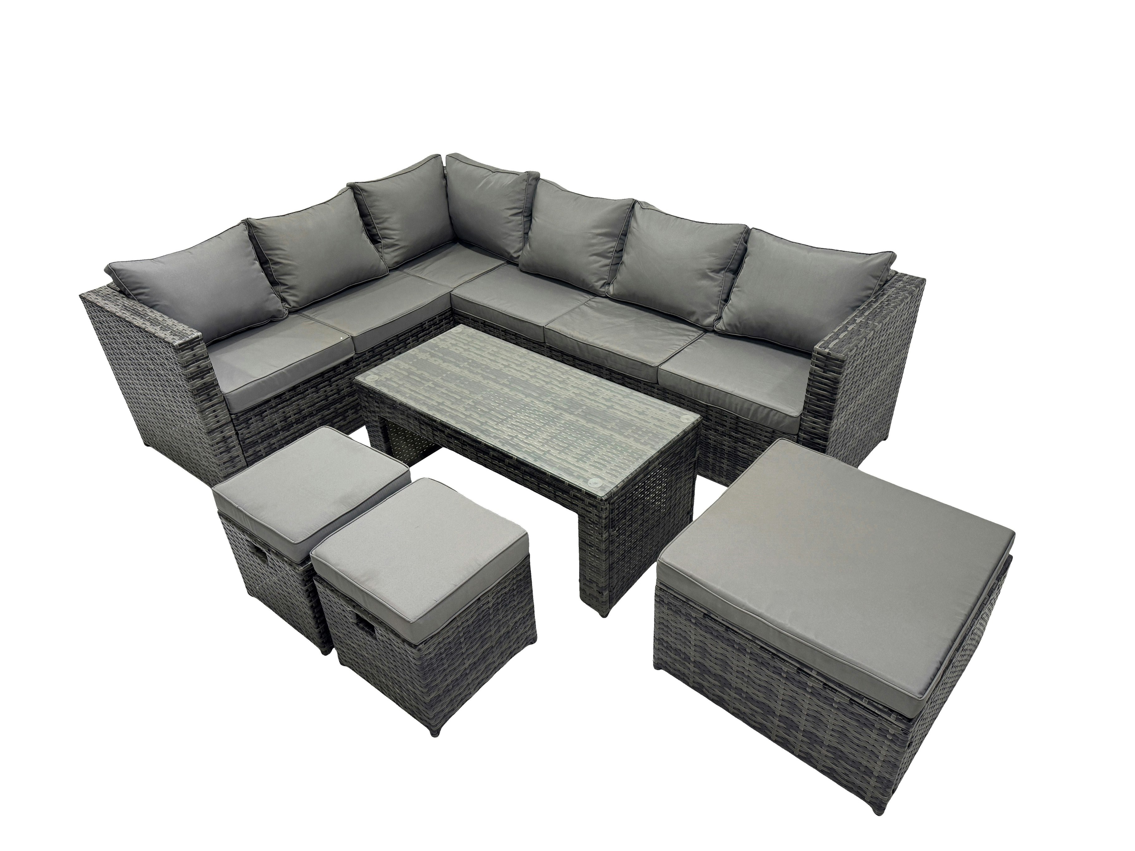 Rackhams Dark/Grey 6 Pieces Outdoor Pe Rattan Garden Furniture Corner Sofa Set With Cushions 3 Footstools Mixed