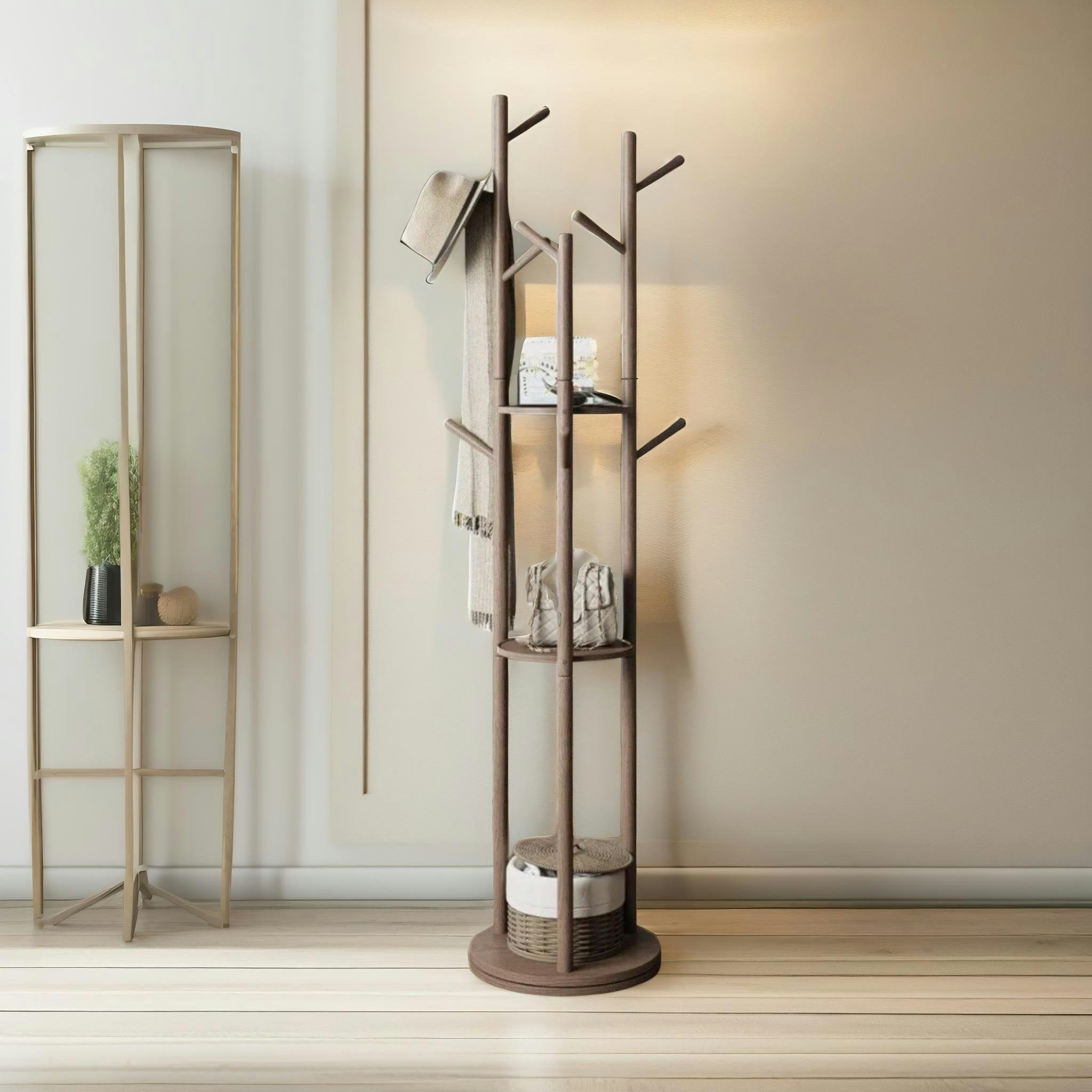 Rafaelo Mobilia Brown Rotating 360 Wooden Coat Stand With 9 Hooks