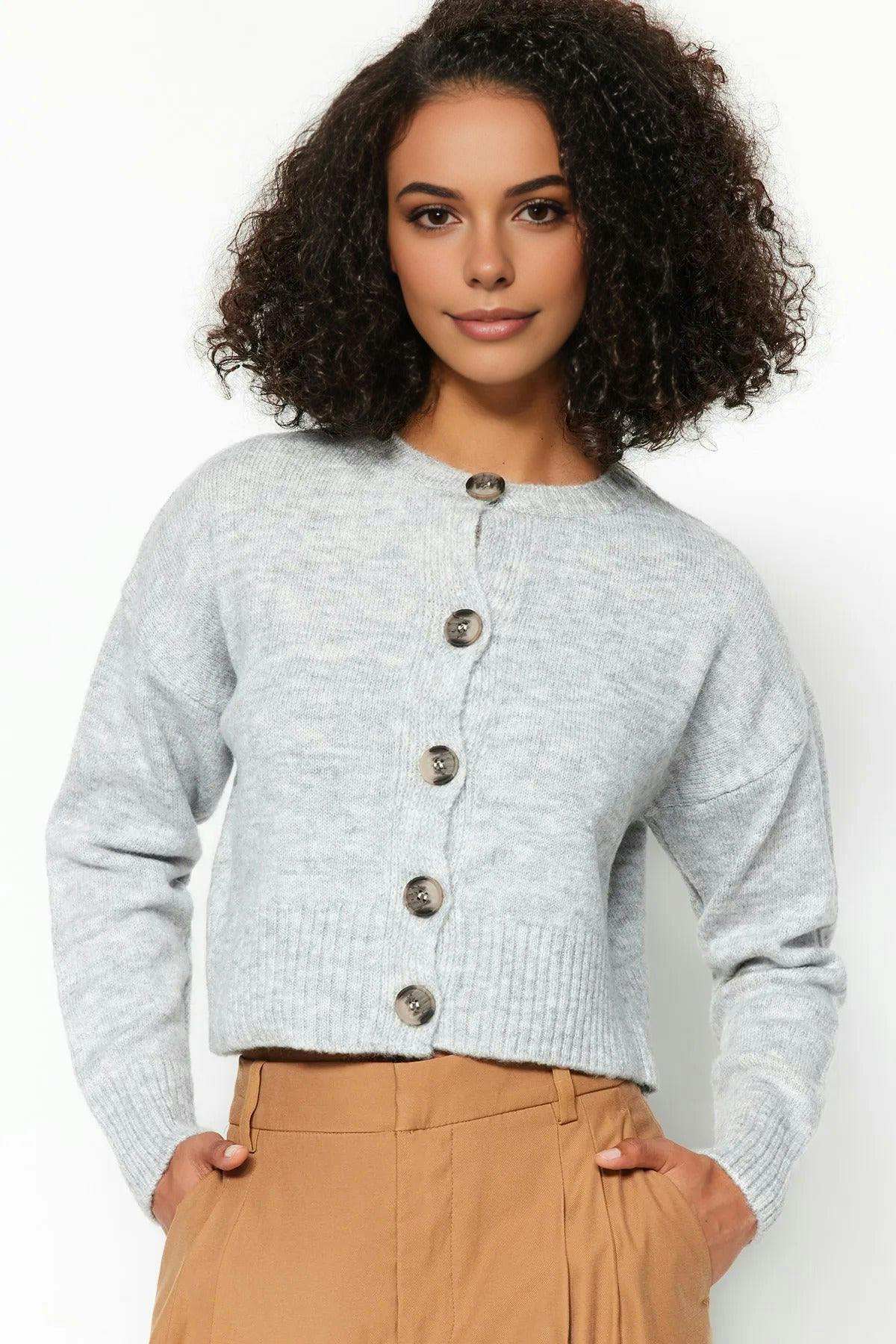 Wovcor Grey Crop Soft Textured Buttoned Knit Cardigan - S