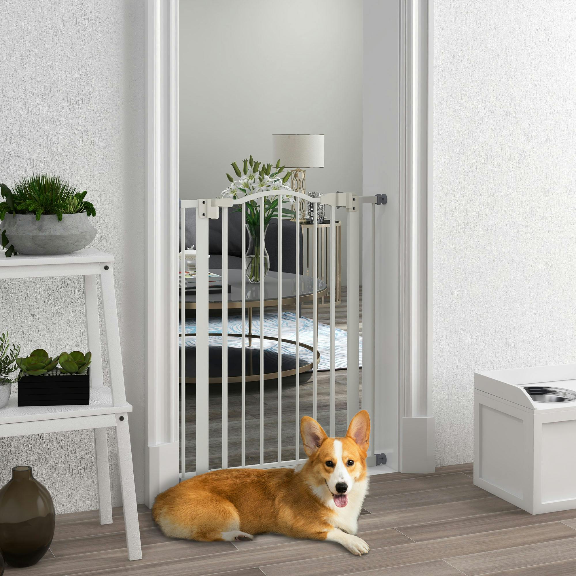 Pawhut White Adjustable Metal Pet Gate Safety Barrier W/ Auto-Close Door - 80 X 3.5 X 94 Cm