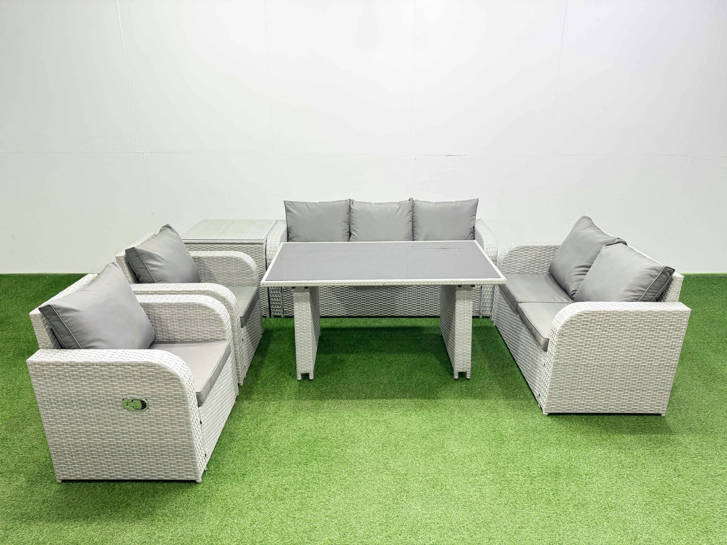 Fimous Light/Grey 7 Seater Garden Furniture Set Pe Rattan Garden Sofa Set With Rectangular Dining Table Side Table