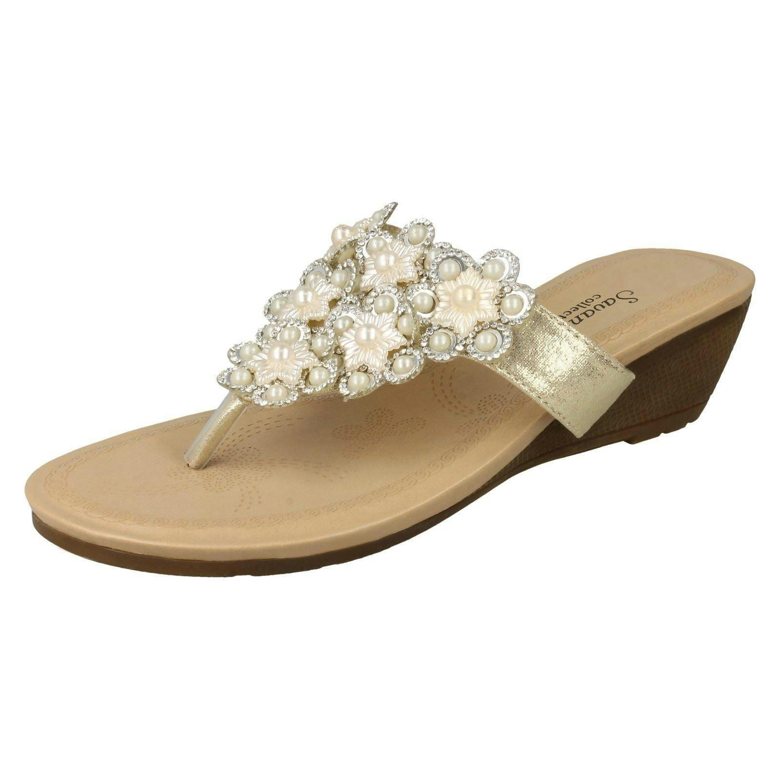 Savannah Women's Gold Mid Wedge Toepost Sandals - Uk 3