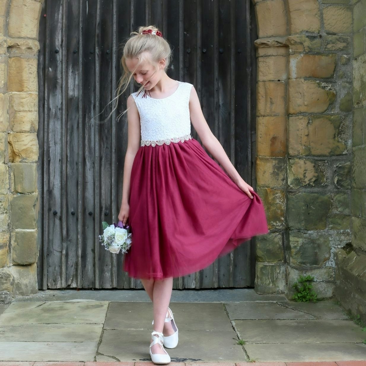 Uk Flower Girl Boutique Girls White/Burgundy Uk Flower Boutique Bohemian Classic Tea Dress - Wine - 9/10 Years