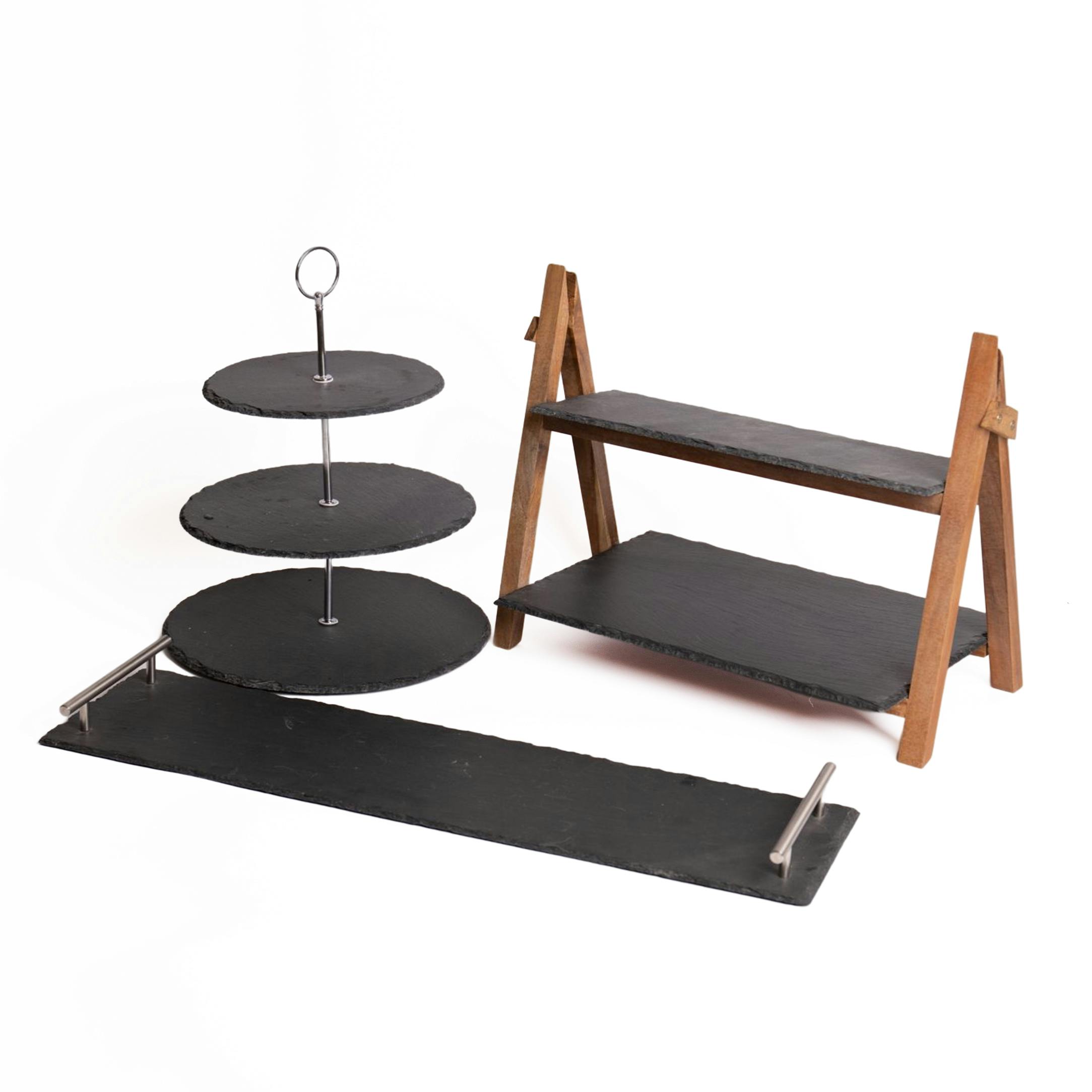 Rackhams Black 3Pc Slate Serveware Set With 3-Tier Serving Stand, Platter And 2-Tier Slate & Wood Serving Stand - Slate - Serving Stands