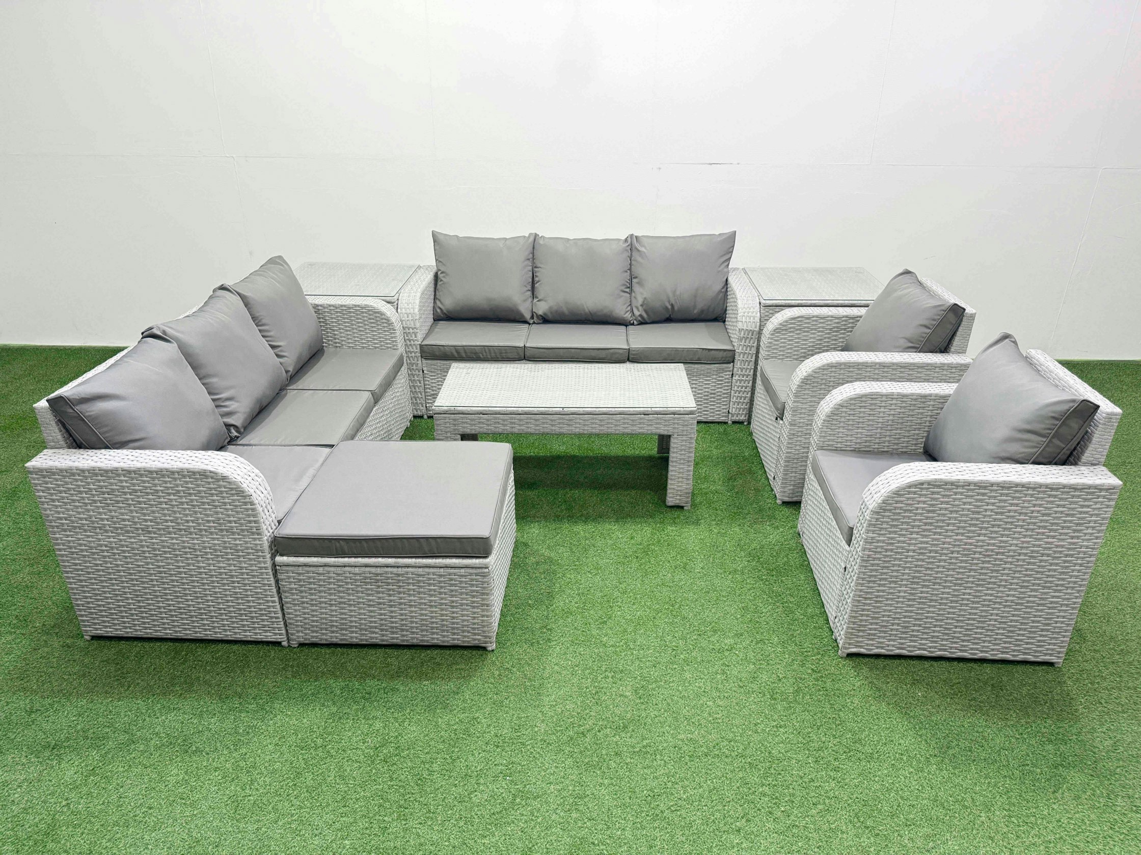 Fimous Light/Grey Pe Rattan High Back Lounge Set - Oblong Coffee Table, 3-Seater Sofa, Reclining Chair & Big Footstool