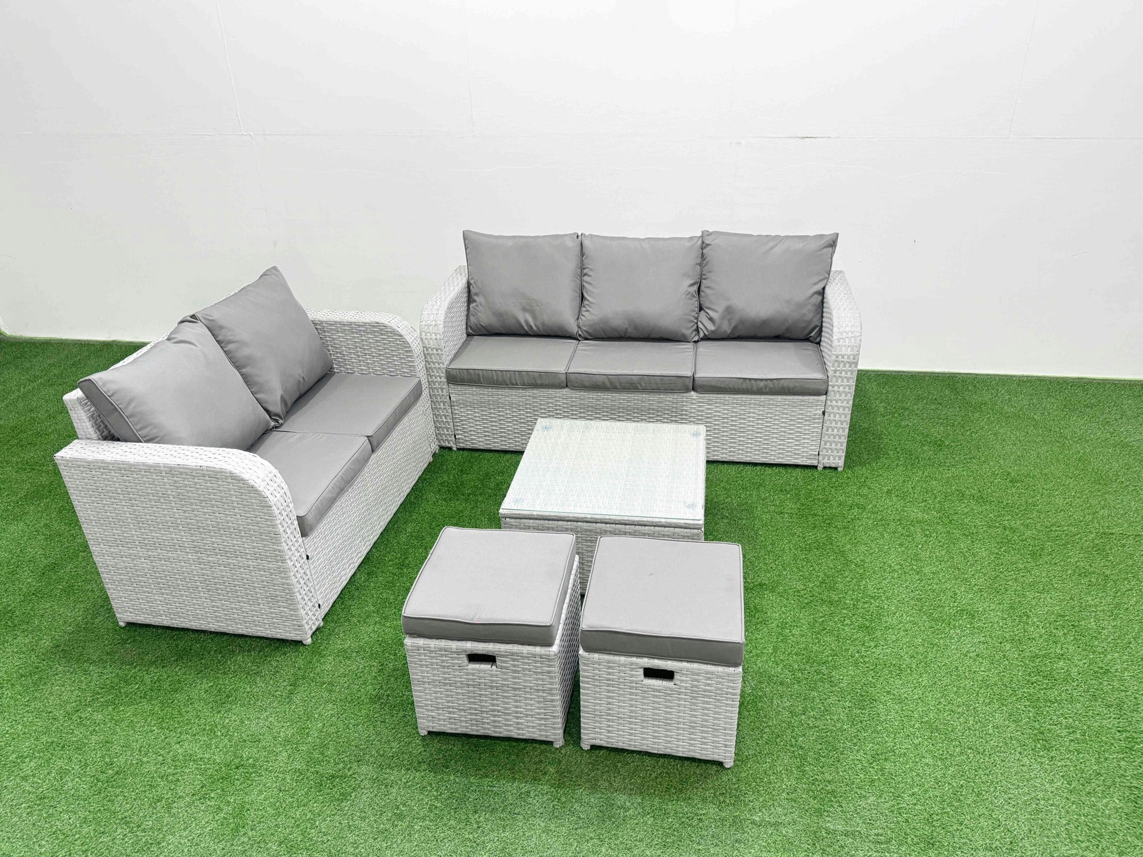 Fimous Light/Grey/Dark 7 Seater Pe Rattan Wicker Garden Furniture Patio Conservatory Sofa Set With Square Coffee Table 3 Seater Sofa Love Sofa 2 Stools