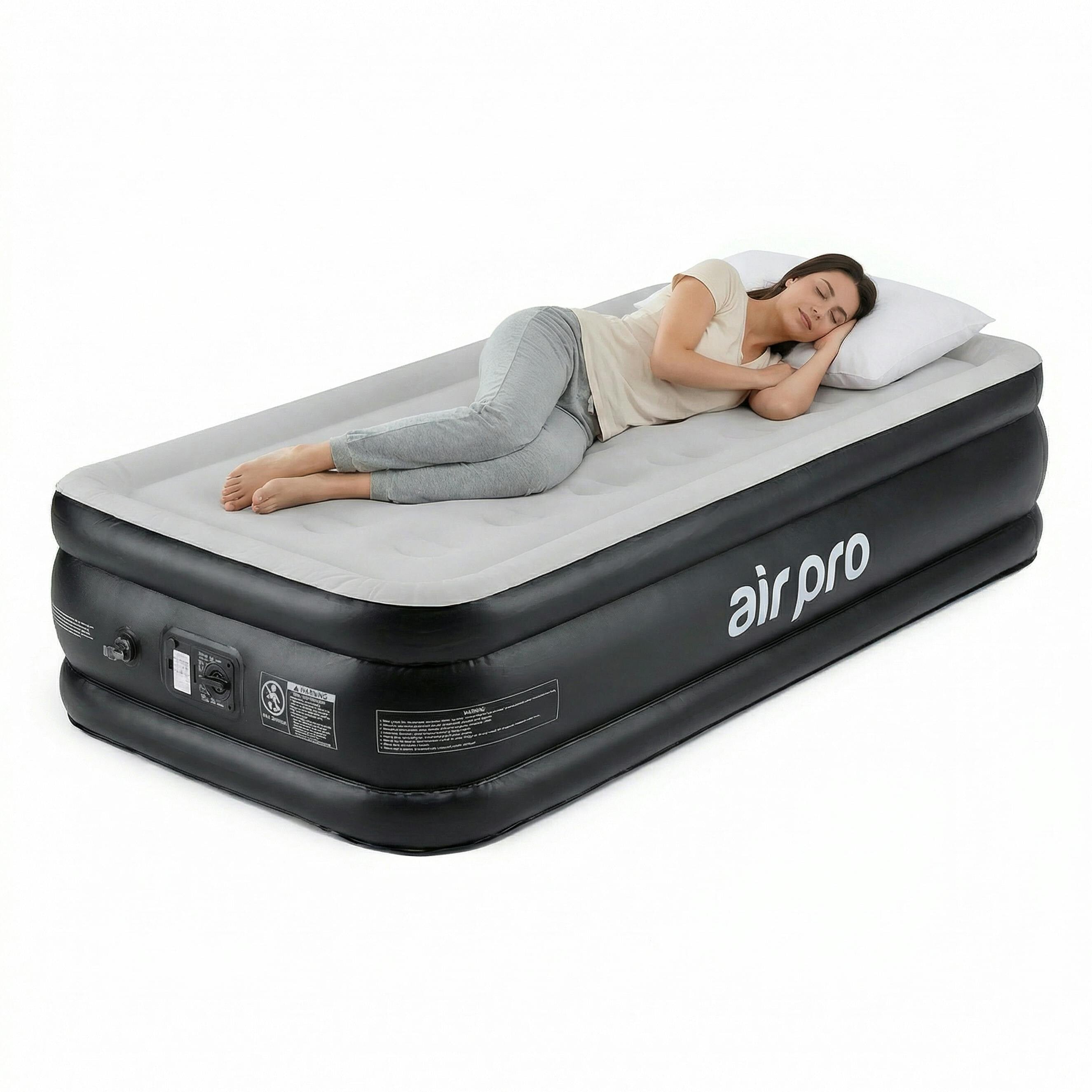 Air Pro Black Inflatable Air Mattress - Soft Surface Built-In Electric Pump - Single