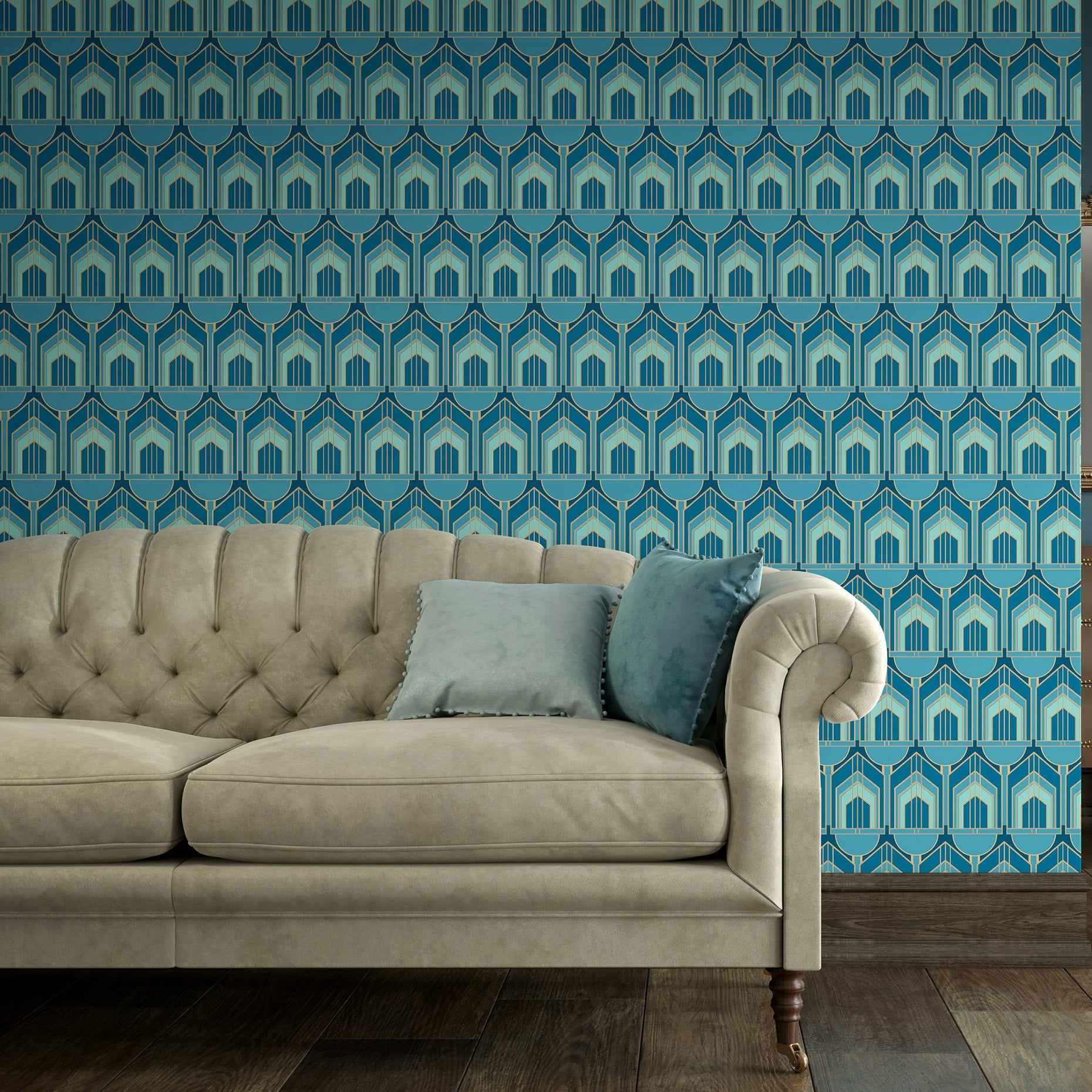 Rackhams Blue Deco Arch - Teal 10M Wallpaper - Teal