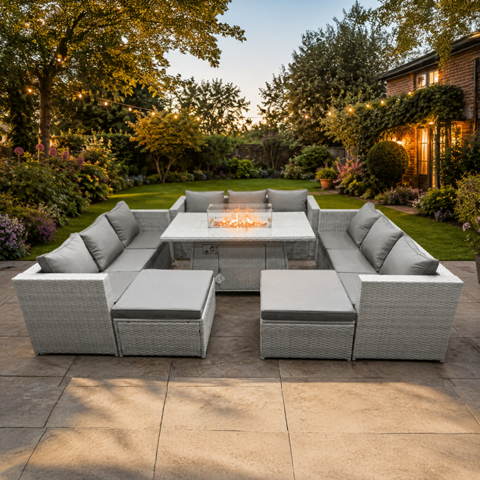 Fimous Light/Grey Pe Rattan Lounge Sofa Set Outdoor Garden Furniture Set With Fire Pit Dining Table 3 Seater Sofa