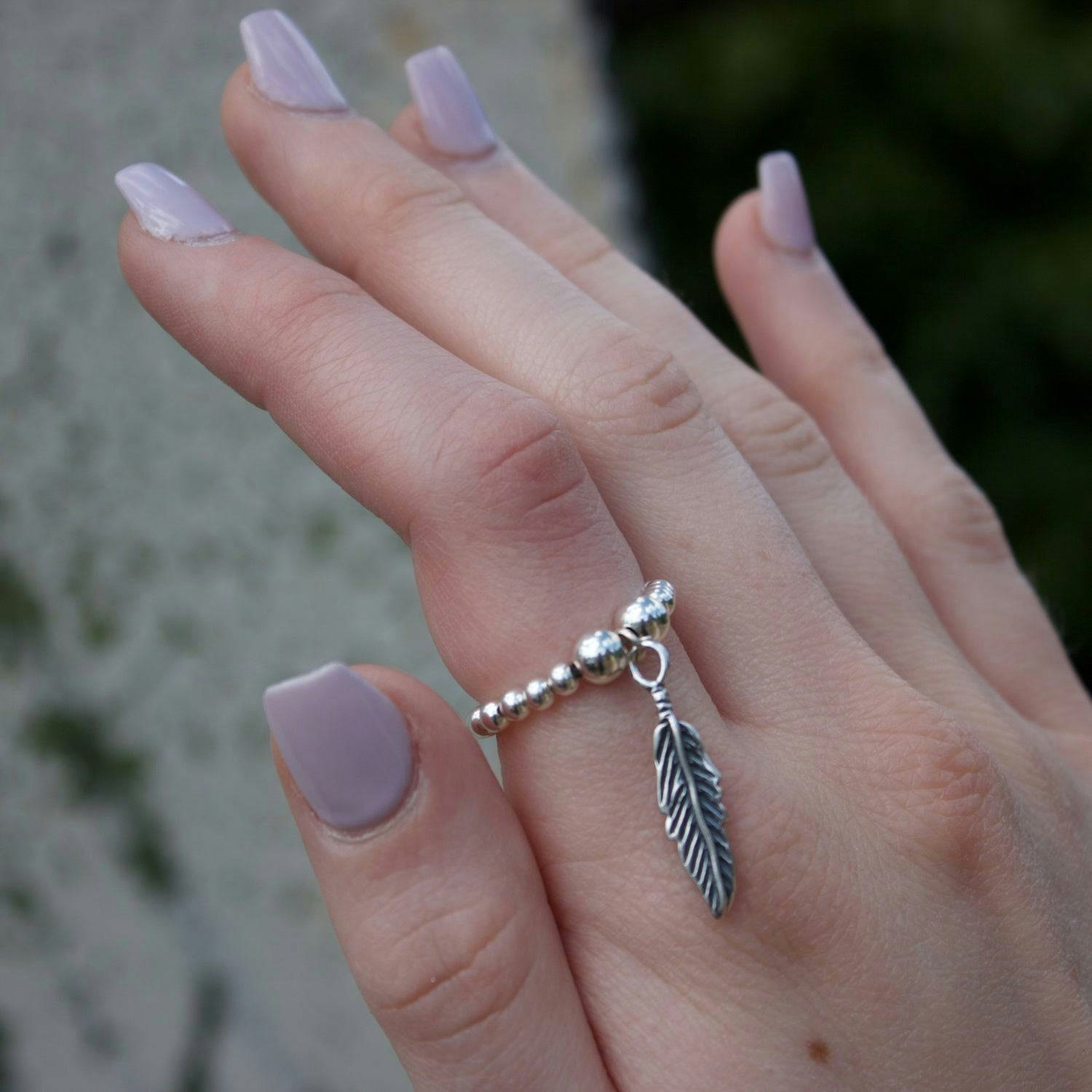 Mylee London Silver Feather On Ball Bead Ring - No