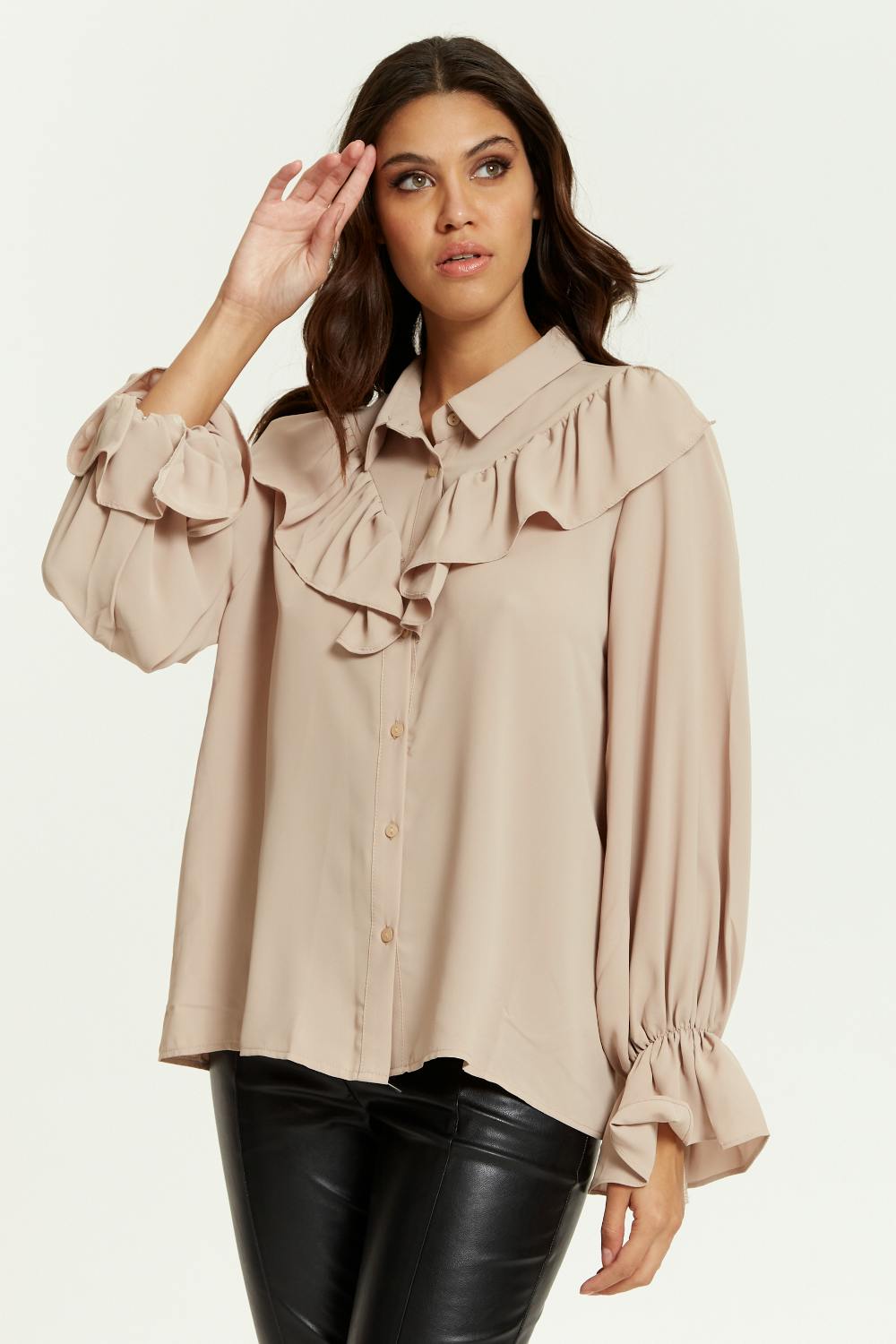 Hoxton Gal Beige Oversized Frilled Front Shirt With Detailed Cuffs - 8-10